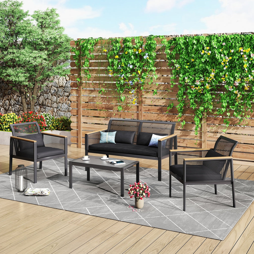 Ensemble de salon de jardin 4 pièces en osier noir