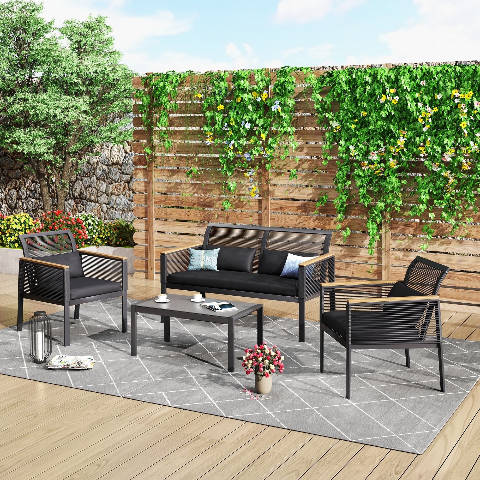 Ensemble de salon de jardin 4 pièces en osier noir