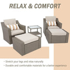 Ensemble de 4 ou 5 chaises longues en osier pour patio extérieur avec table basse et coussins