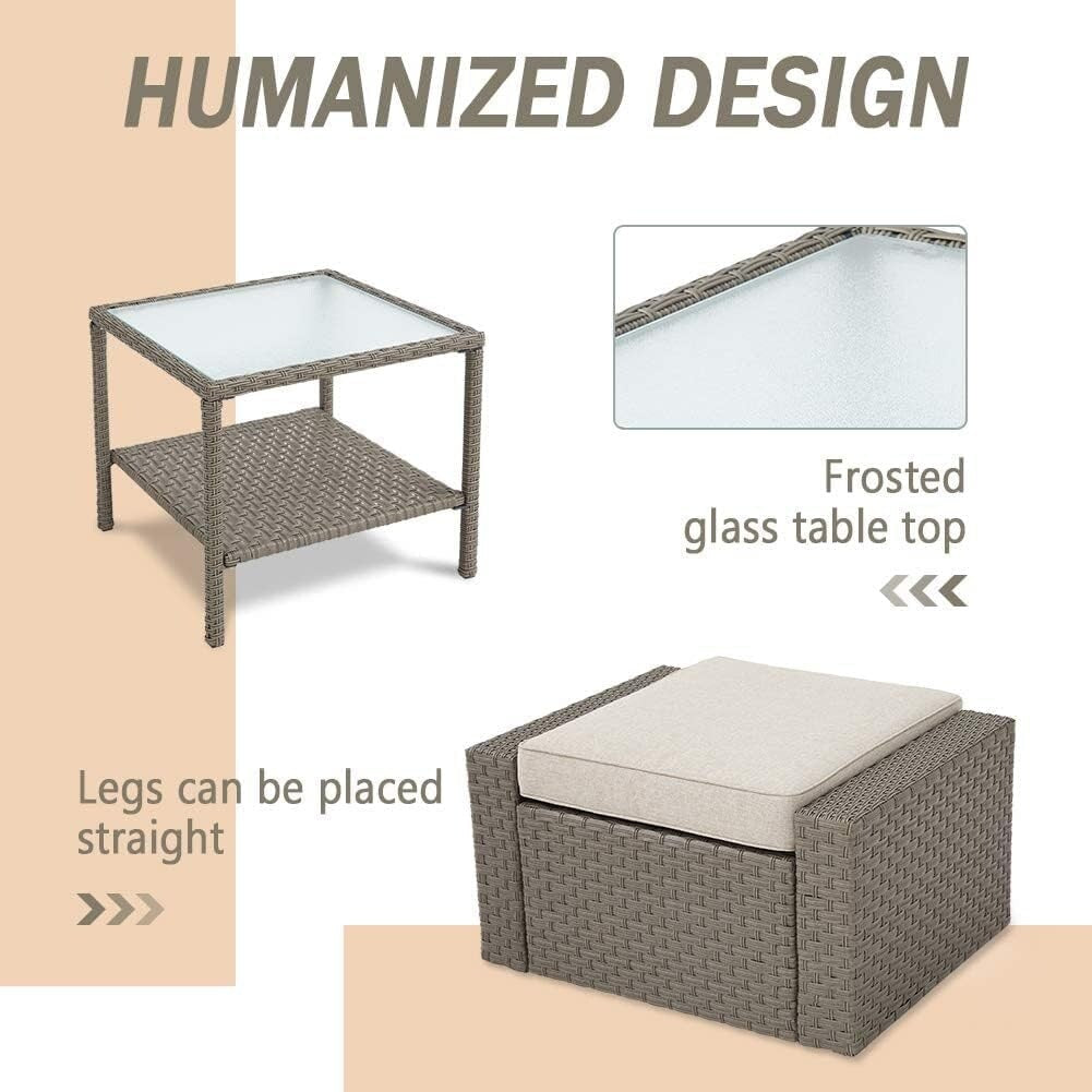 Ensemble de 4 ou 5 chaises longues en osier pour patio extérieur avec table basse et coussins