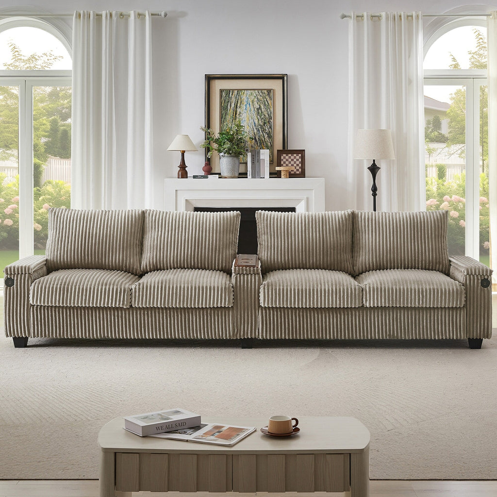 Canapé 4 places en velours côtelé 133 cm, canapé moderne avec ports USB, accoudoirs de rangement dissimulés et porte-gobelets rabattables pour le salon