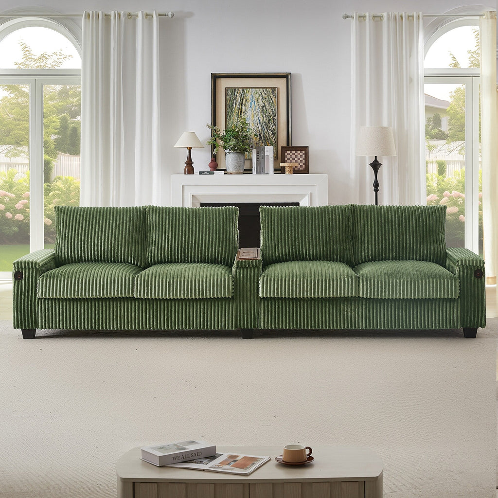 Canapé 4 places en velours côtelé 133 cm, canapé moderne avec ports USB, accoudoirs de rangement dissimulés et porte-gobelets rabattables pour le salon