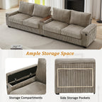 Canapé 4 places en velours côtelé 133 cm, canapé moderne avec ports USB, accoudoirs de rangement dissimulés et porte-gobelets rabattables pour le salon