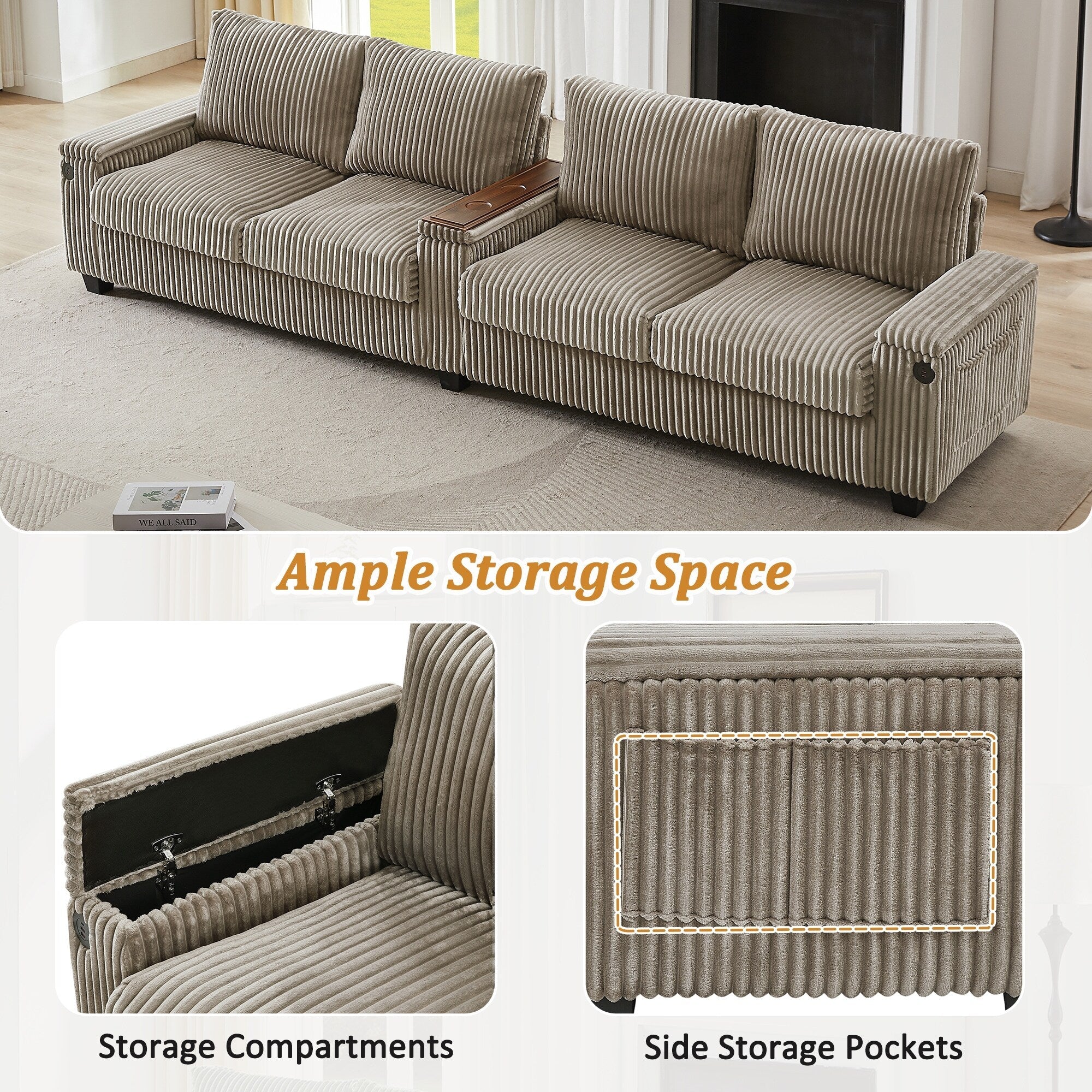 Canapé 4 places en velours côtelé 133 cm, canapé moderne avec ports USB, accoudoirs de rangement dissimulés et porte-gobelets rabattables pour le salon