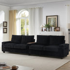 Canapé 4 places en velours côtelé 133 cm, canapé moderne avec ports USB, accoudoirs de rangement dissimulés et porte-gobelets rabattables pour le salon