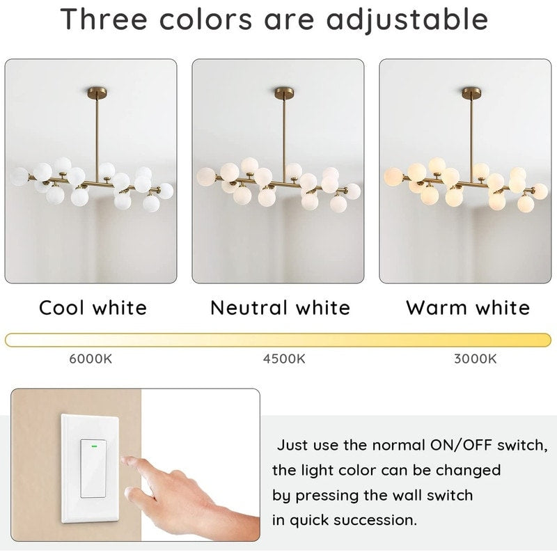 Lustre linéaire moderne du milieu du siècle de 40 po, suspension Spoutnik à 16 ampoules en laiton doré avec globe en verre dépoli pour salle à manger