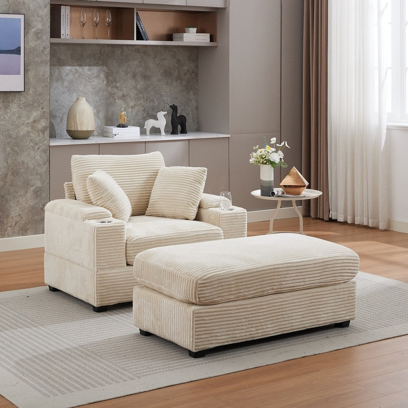 42.12 Canapé rembourré en velours côtelé + pouf