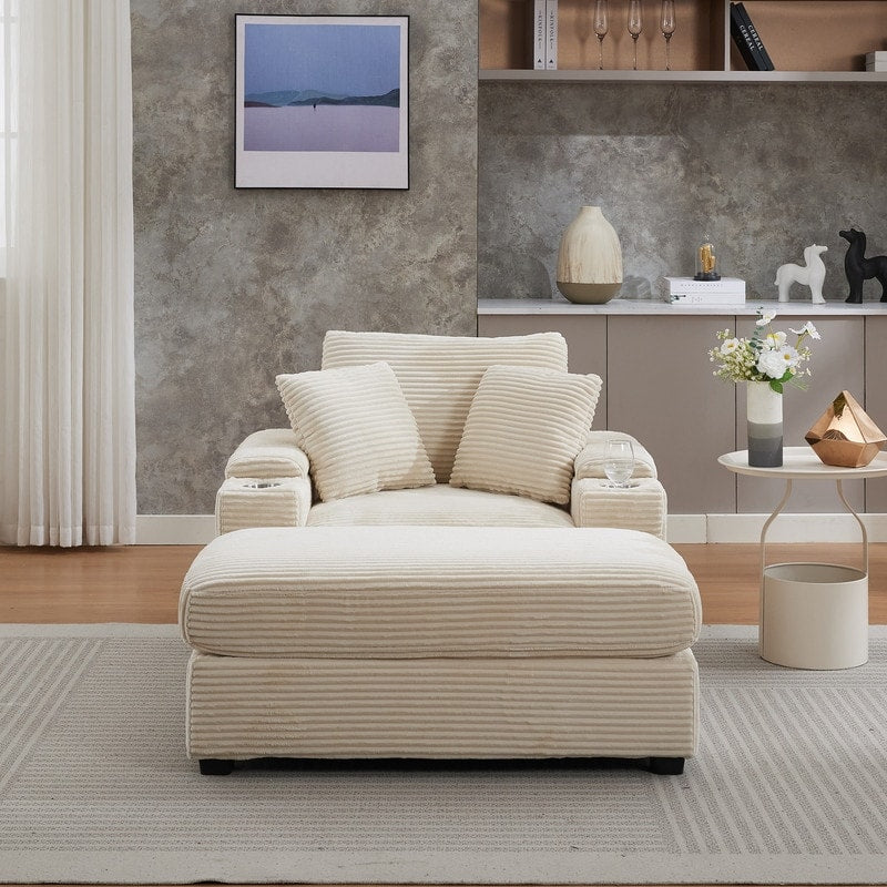 42.12 Canapé rembourré en velours côtelé + pouf