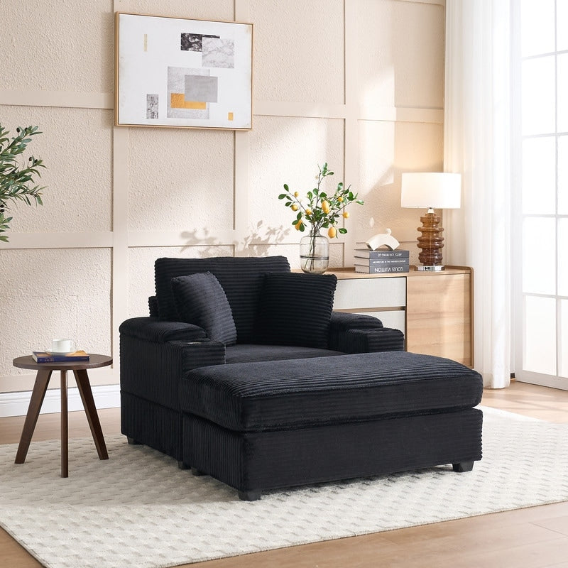 42.12 Canapé rembourré en velours côtelé + pouf