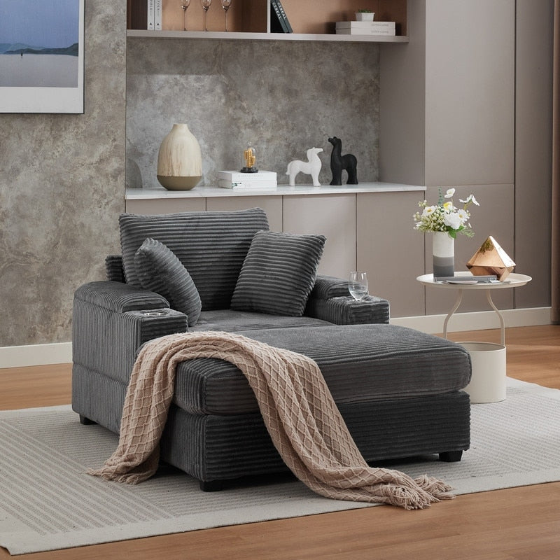 42.12 Canapé rembourré en velours côtelé + pouf