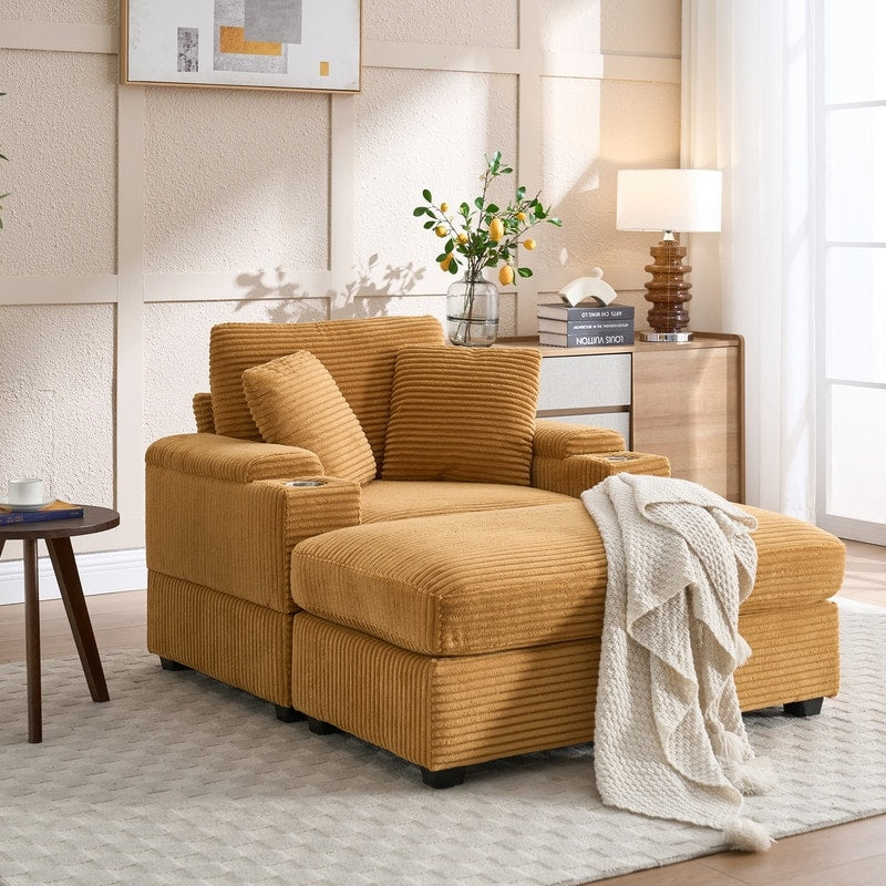 42.12 Canapé rembourré en velours côtelé + pouf