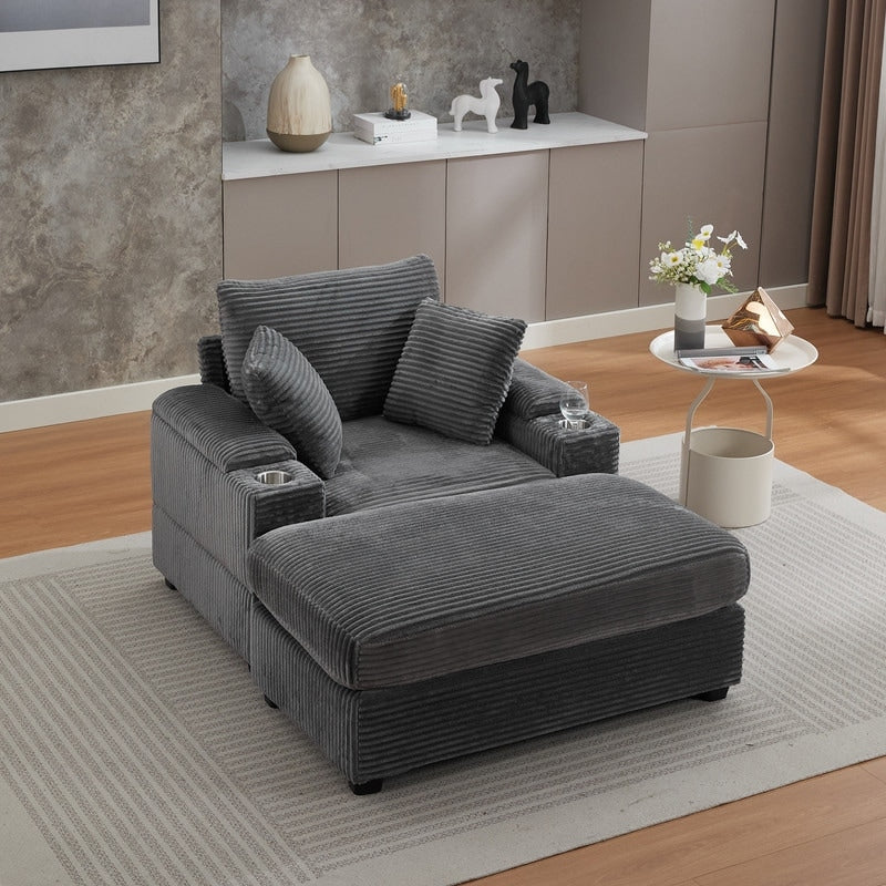 42.12 Canapé rembourré en velours côtelé + pouf