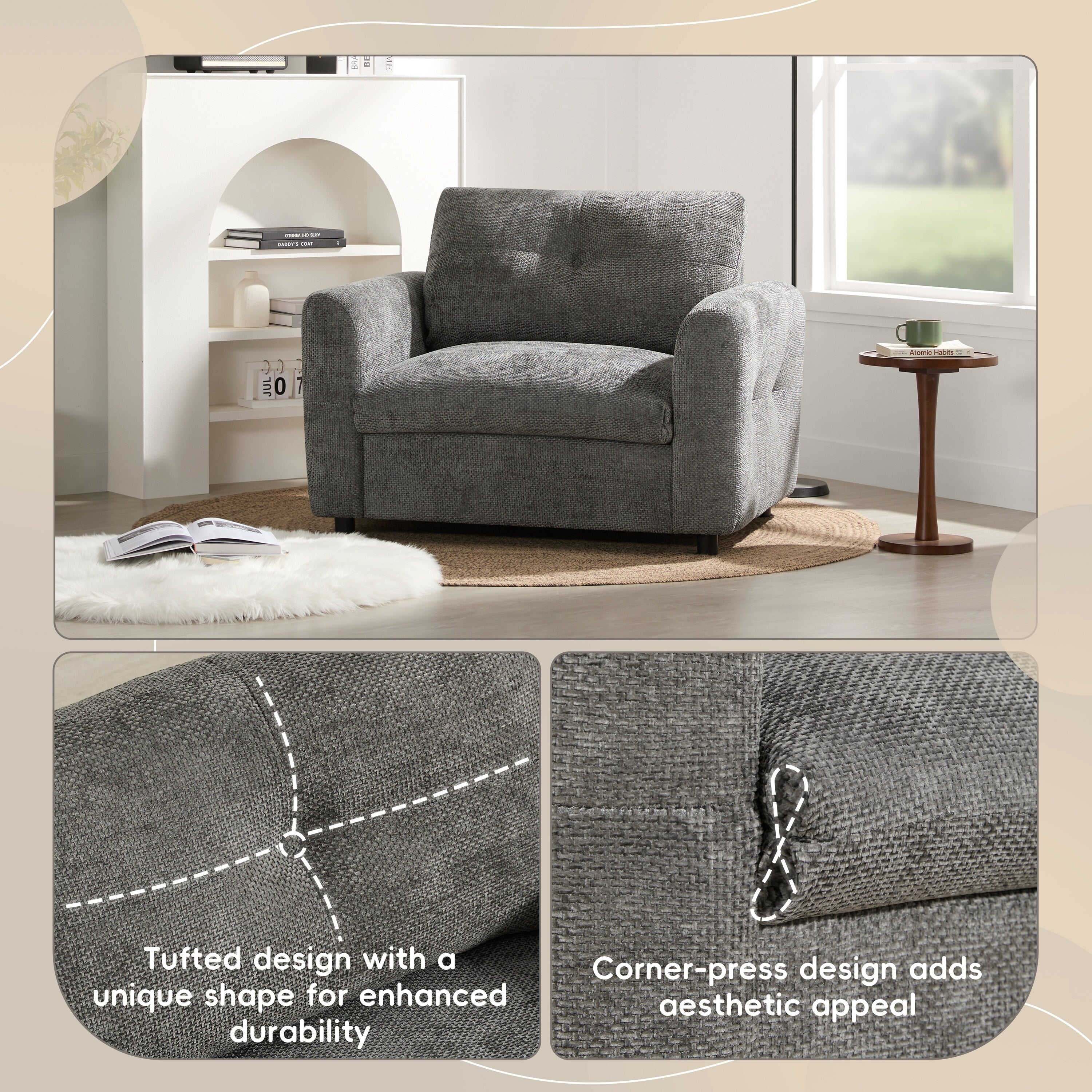 Canapé simple 42 x 33, fauteuil à assise large, chargeur double port, design capitonné et à traction, mousse haute densité