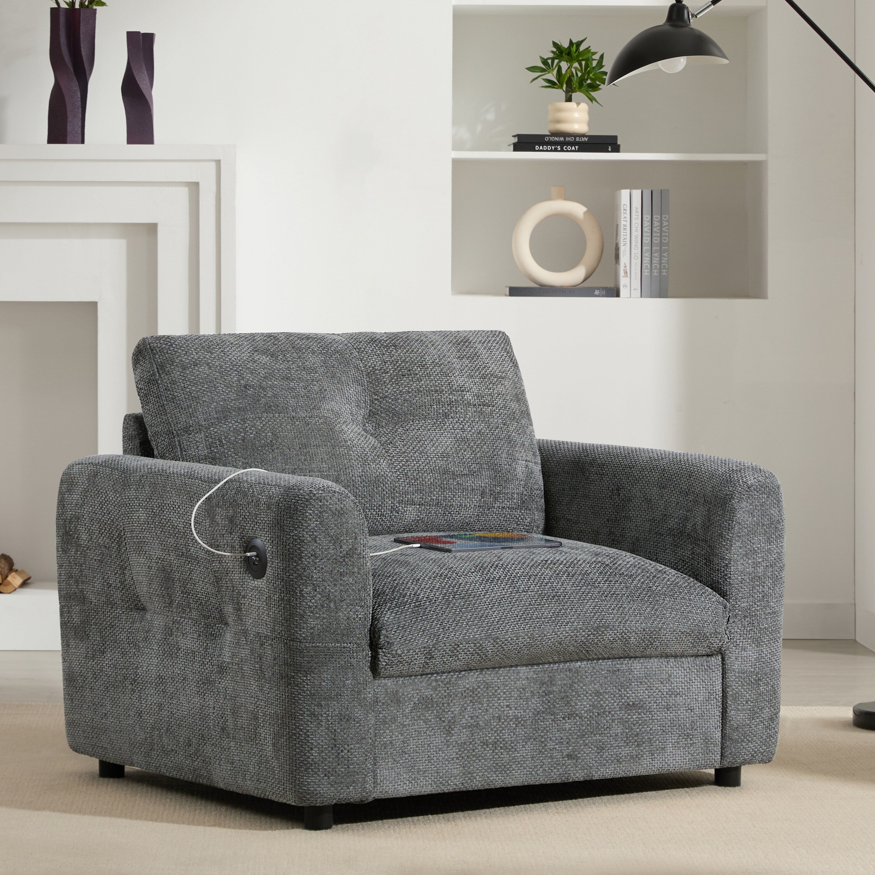 Canapé simple 42 x 33, fauteuil à assise large, chargeur double port, design capitonné et à traction, mousse haute densité