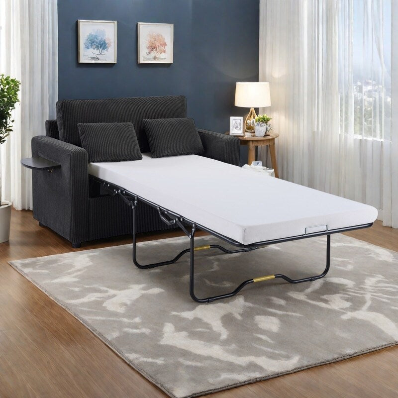Canapé-lit double en velours côtelé 47,2 avec matelas pliable, table d'appoint, ports USB et poche de rangement