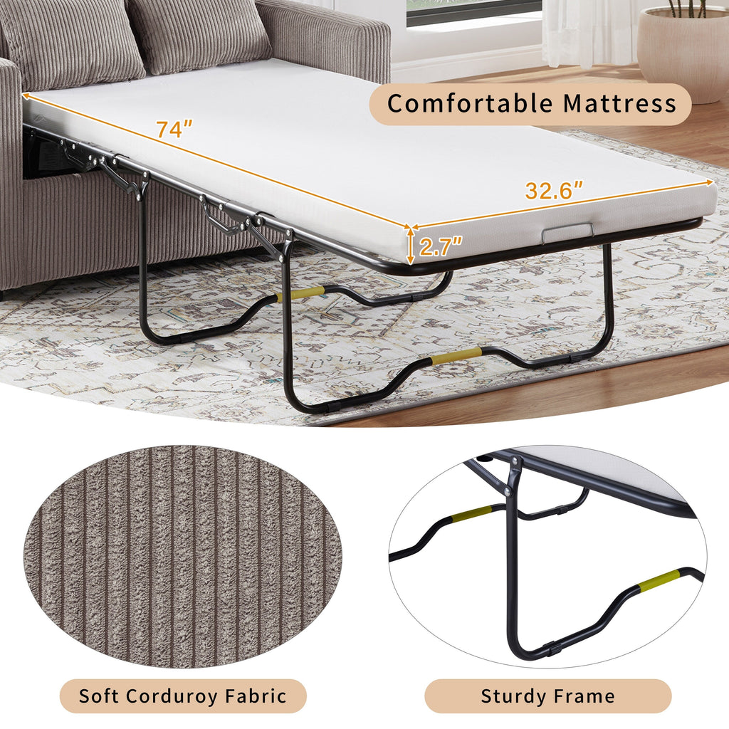 Canapé-lit double en velours côtelé 47,2 avec matelas pliable, table d'appoint, ports USB et poche de rangement