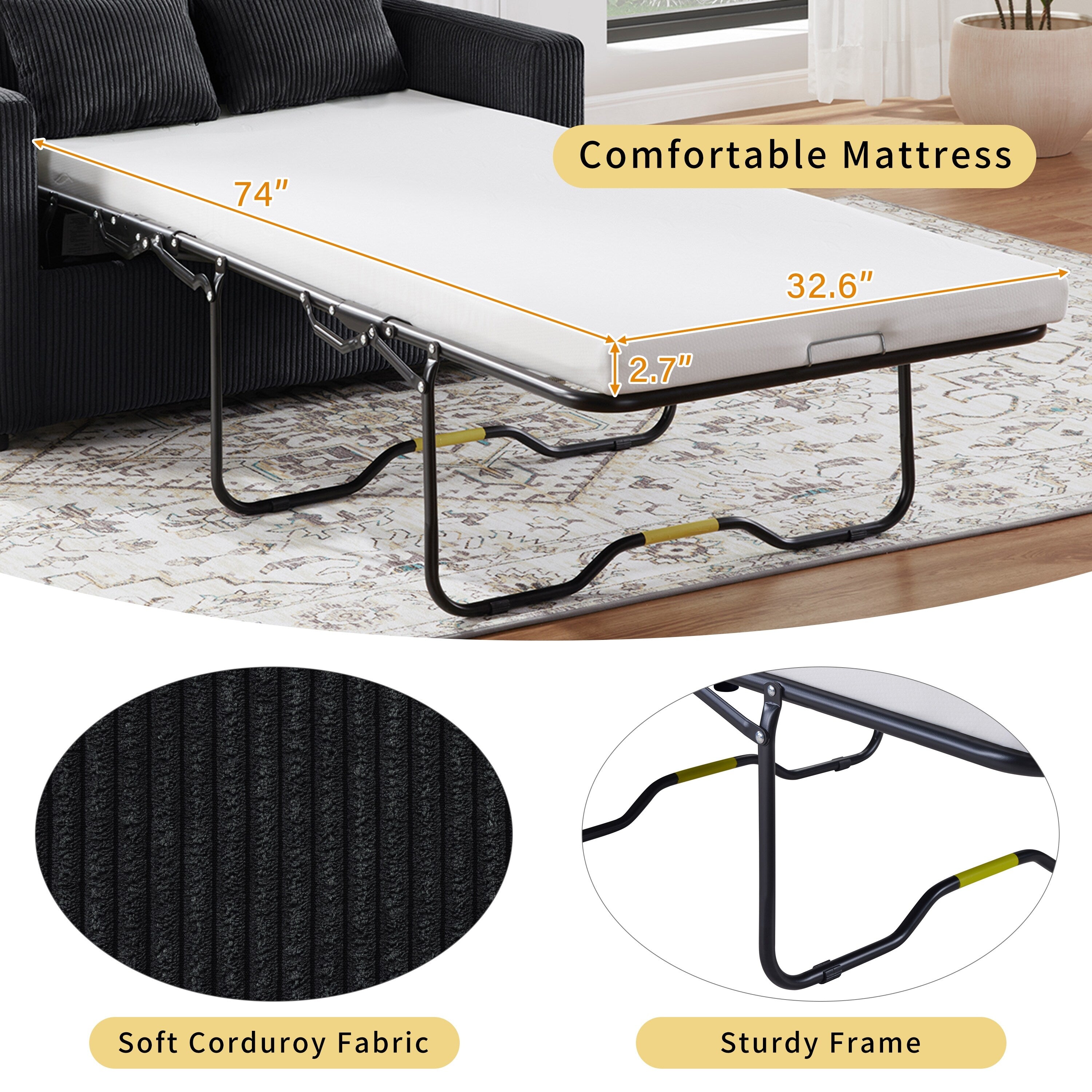 Canapé-lit double en velours côtelé 47,2 avec matelas pliable, table d'appoint, ports USB et poche de rangement