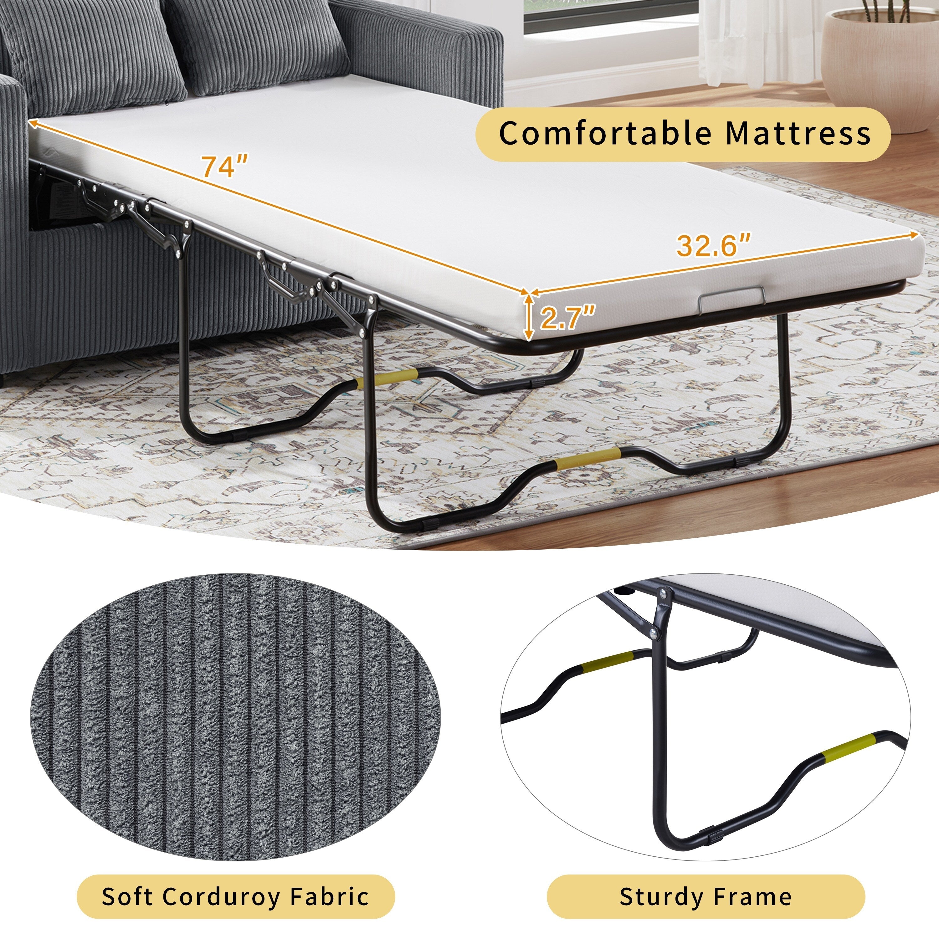 Canapé-lit double en velours côtelé 47,2 avec matelas pliable, table d'appoint, ports USB et poche de rangement