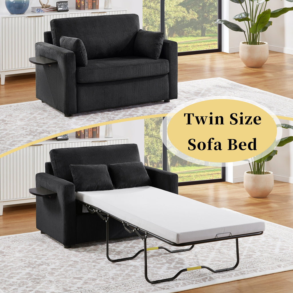 Canapé-lit double en velours côtelé 47,2 avec matelas pliable, table d'appoint, ports USB et poche de rangement