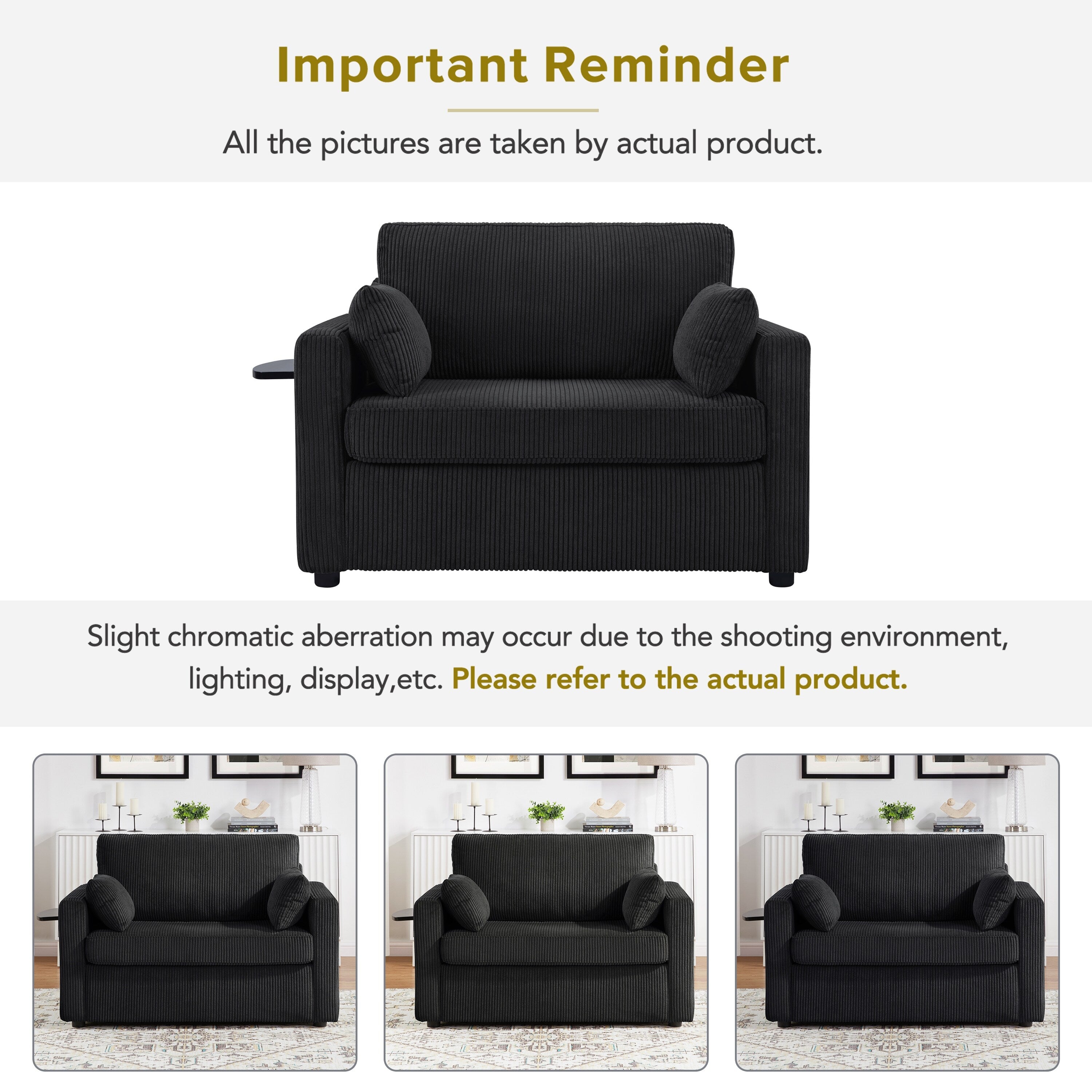 Canapé-lit double en velours côtelé 47,2 avec matelas pliable, table d'appoint, ports USB et poche de rangement