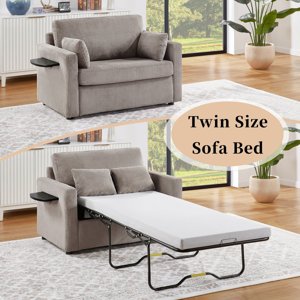 Canapé-lit double en velours côtelé 47,2 avec matelas pliable, table d'appoint, ports USB et poche de rangement