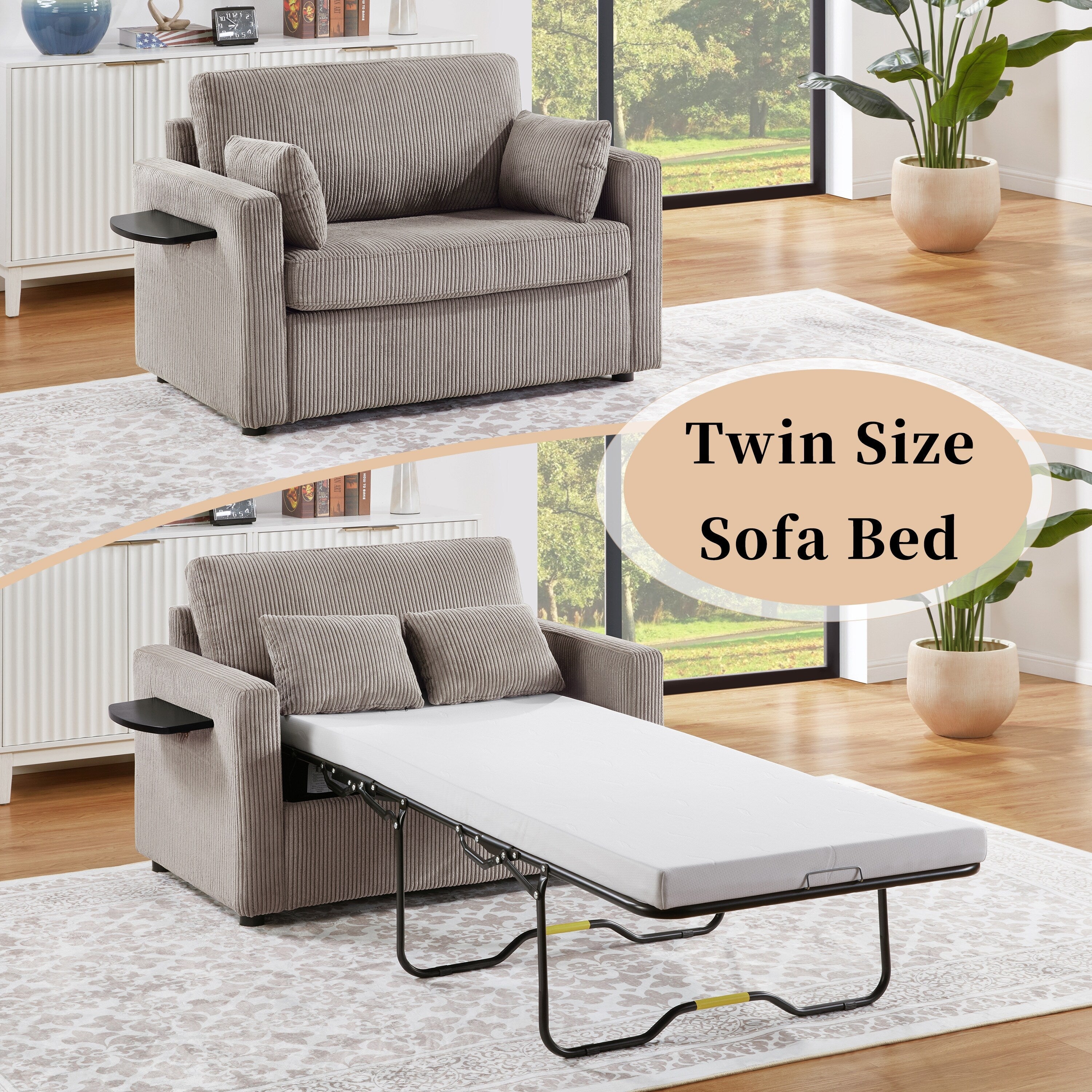 Canapé-lit double en velours côtelé 47,2 avec matelas pliable, table d'appoint, ports USB et poche de rangement