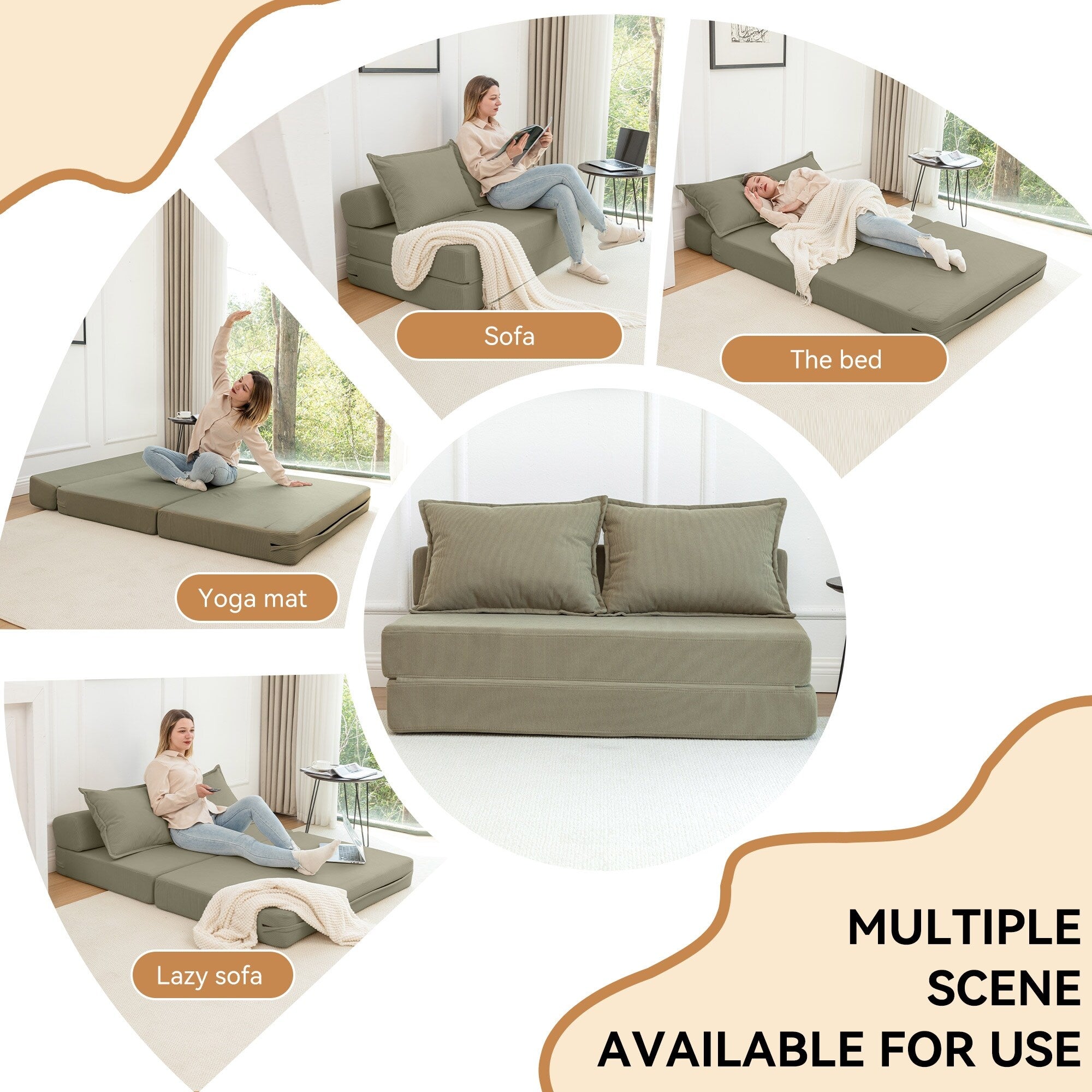 Canapé-lit 2 places en velours côtelé 47,63 avec oreiller, matelas de sol et dossier pour salon