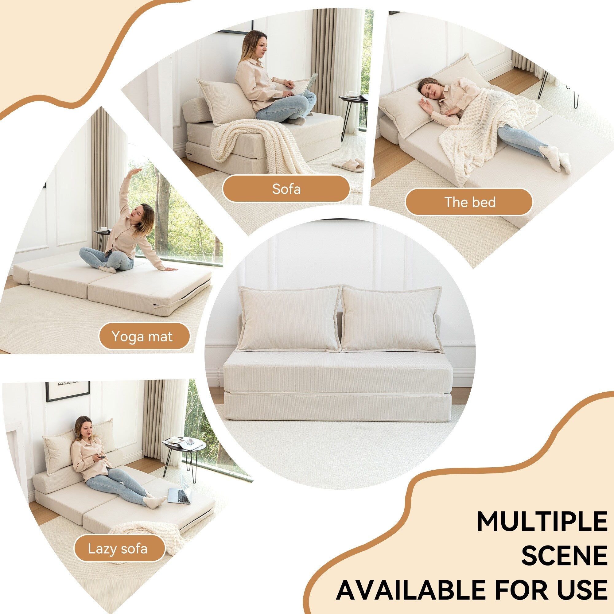 Canapé-lit 2 places en velours côtelé 47,63 avec oreiller, matelas de sol et dossier pour salon