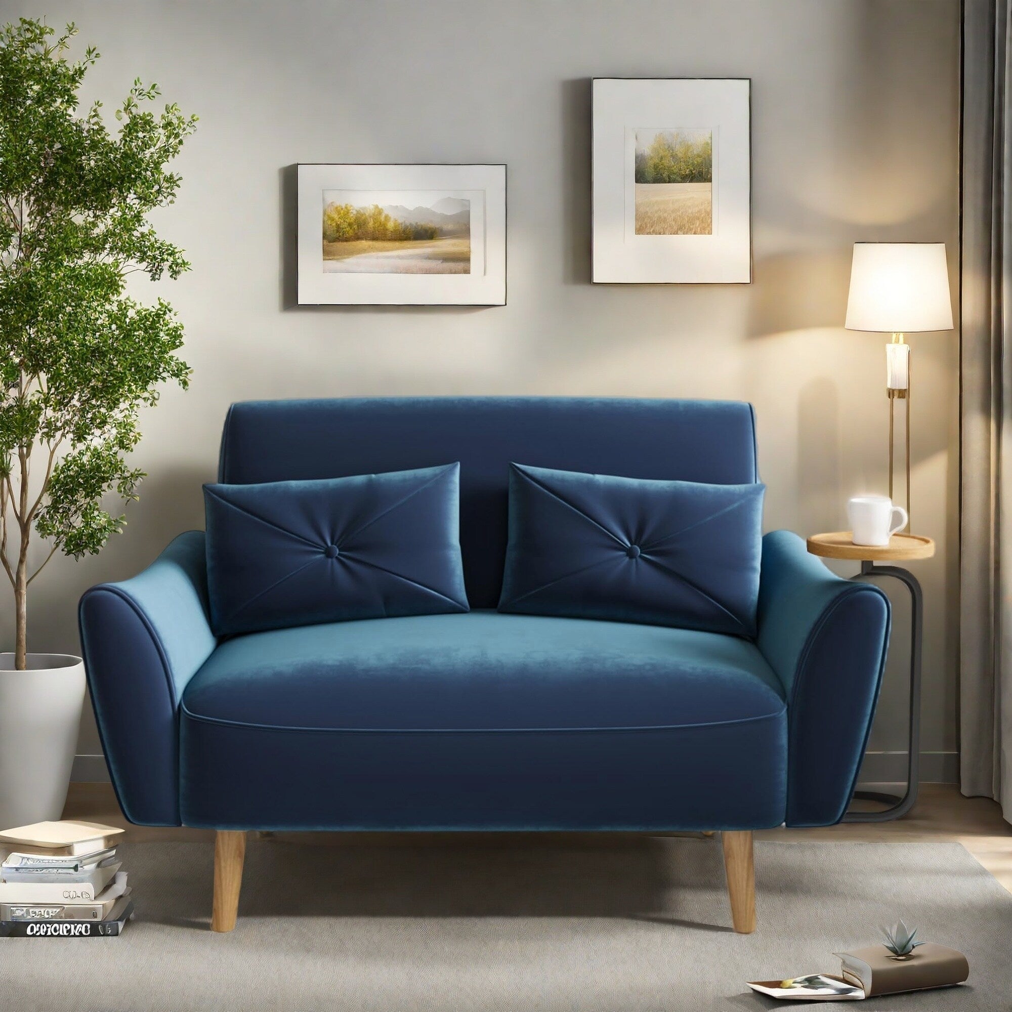 Canapé 2 places en bois 47,6 avec plateau convertible et accoudoirs incurvés - Sièges de luxe compacts pour petits espaces