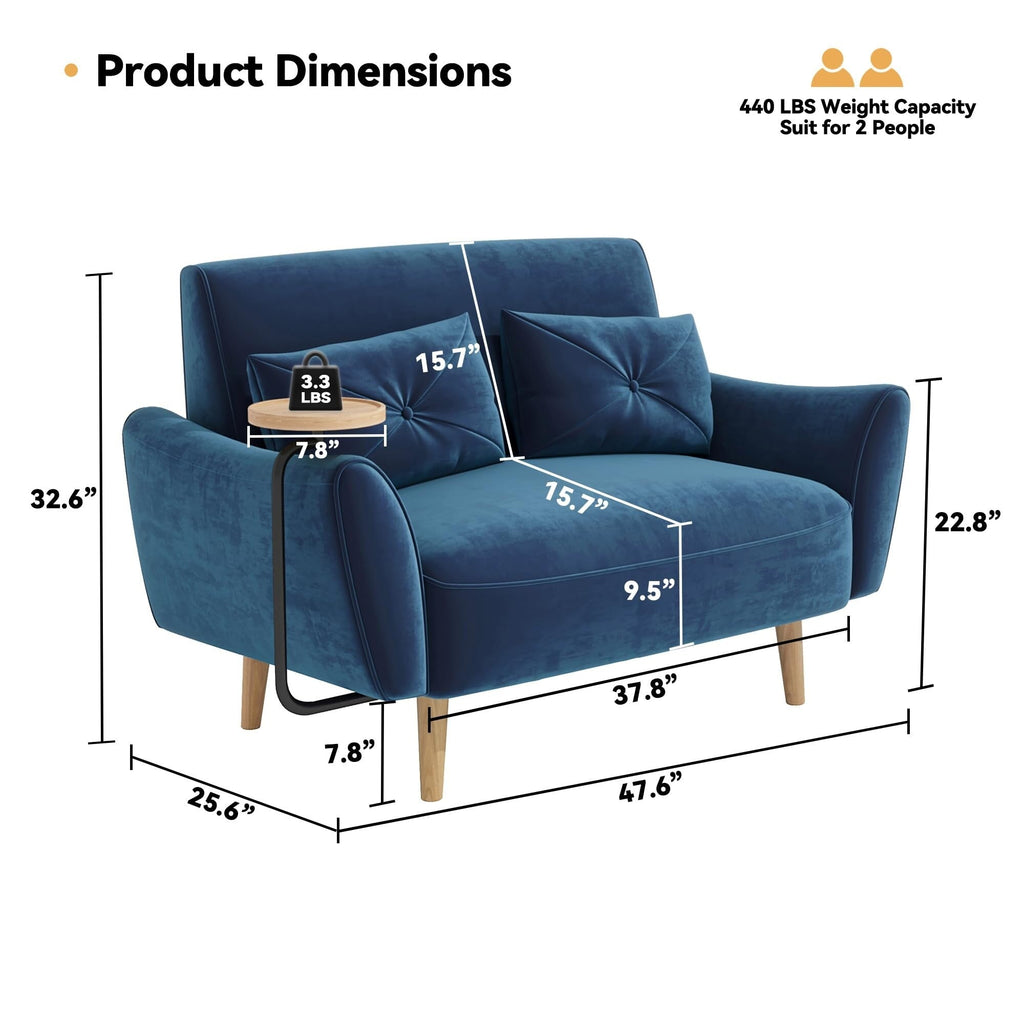 Canapé 2 places en bois 47,6 avec plateau convertible et accoudoirs incurvés - Sièges de luxe compacts pour petits espaces
