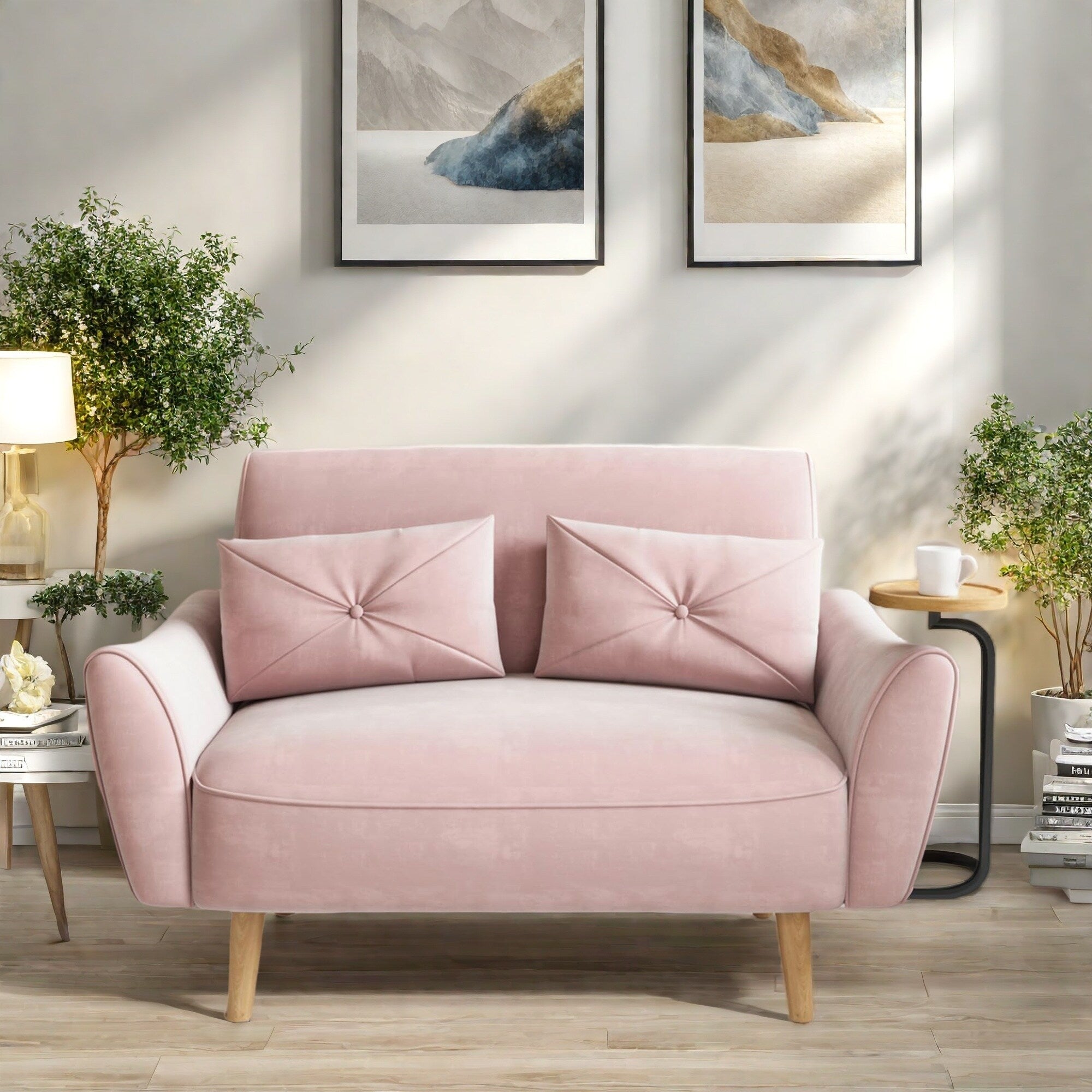 Canapé 2 places en bois 47,6 avec plateau convertible et accoudoirs incurvés - Sièges de luxe compacts pour petits espaces