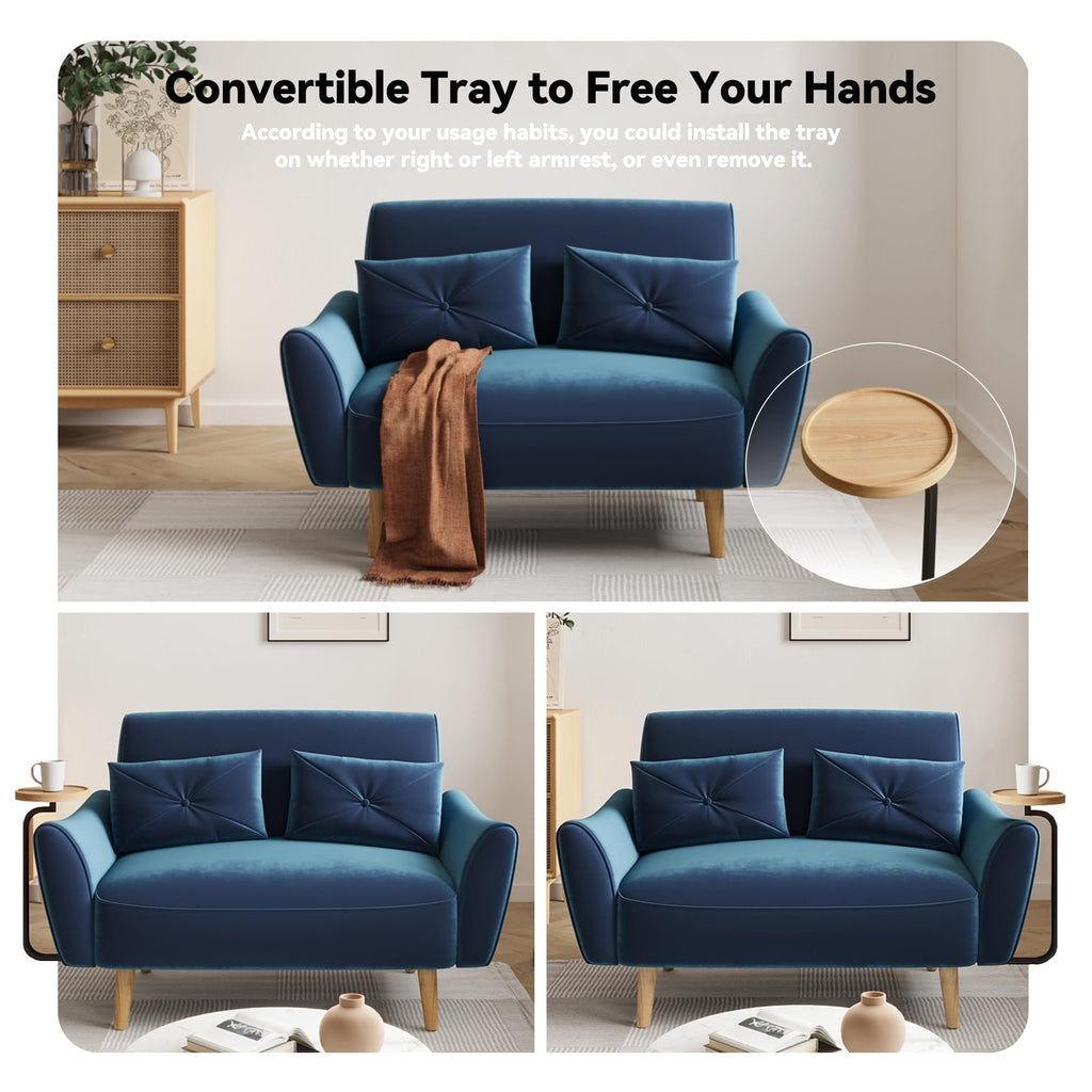 Canapé 2 places en bois 47,6 avec plateau convertible et accoudoirs incurvés - Sièges de luxe compacts pour petits espaces