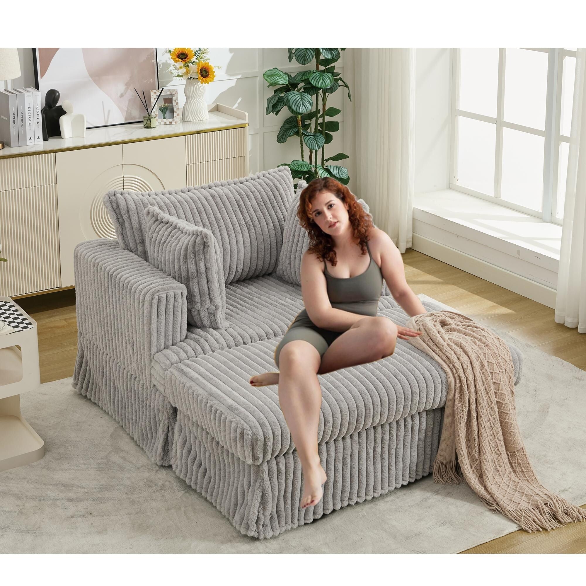 Chaise longue surdimensionnée en velours côtelé 47,7 avec pouf