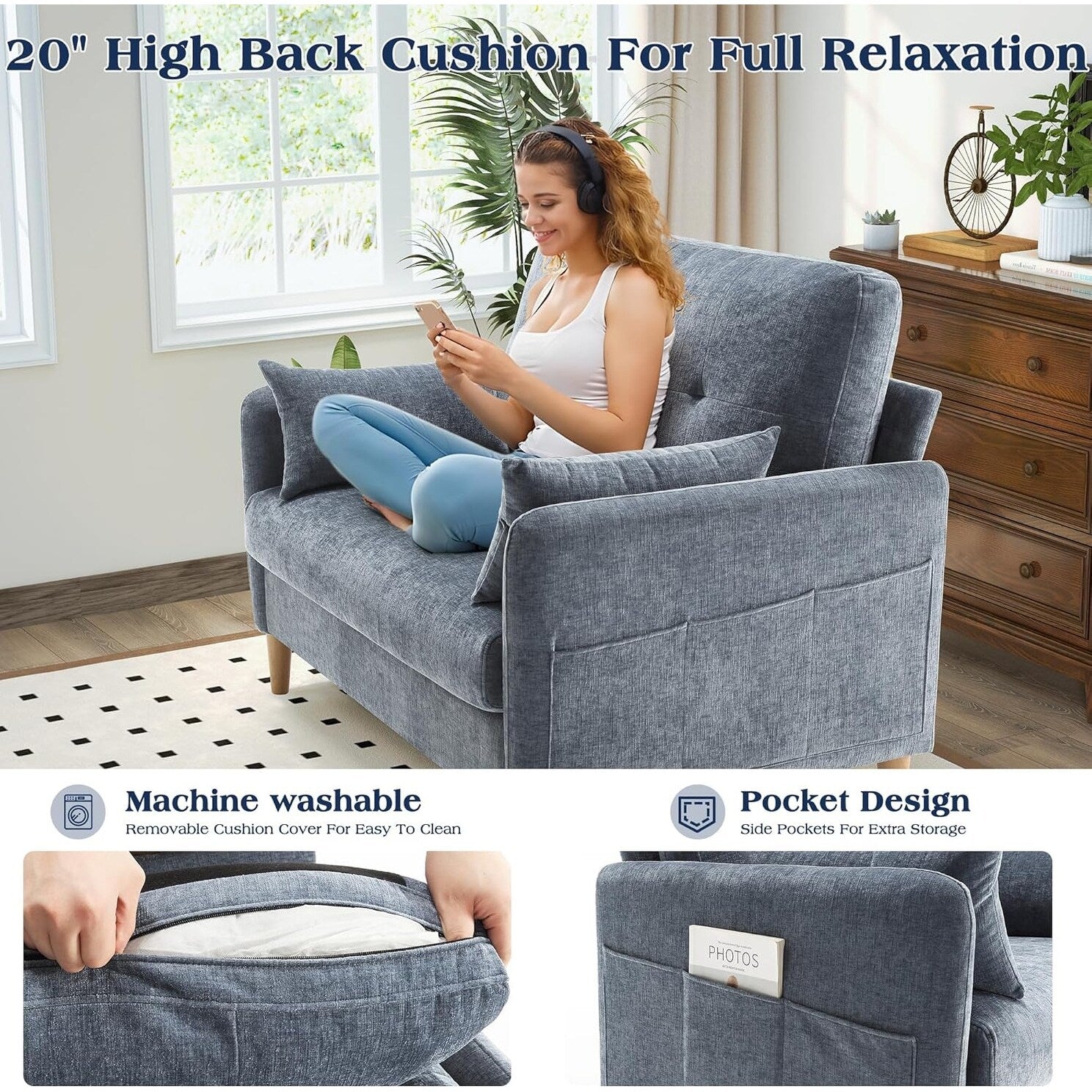 Canapé 47 en chenille - Canapé pour petit espace avec housse et oreiller amovibles, idéal pour un appartement ou un dortoir