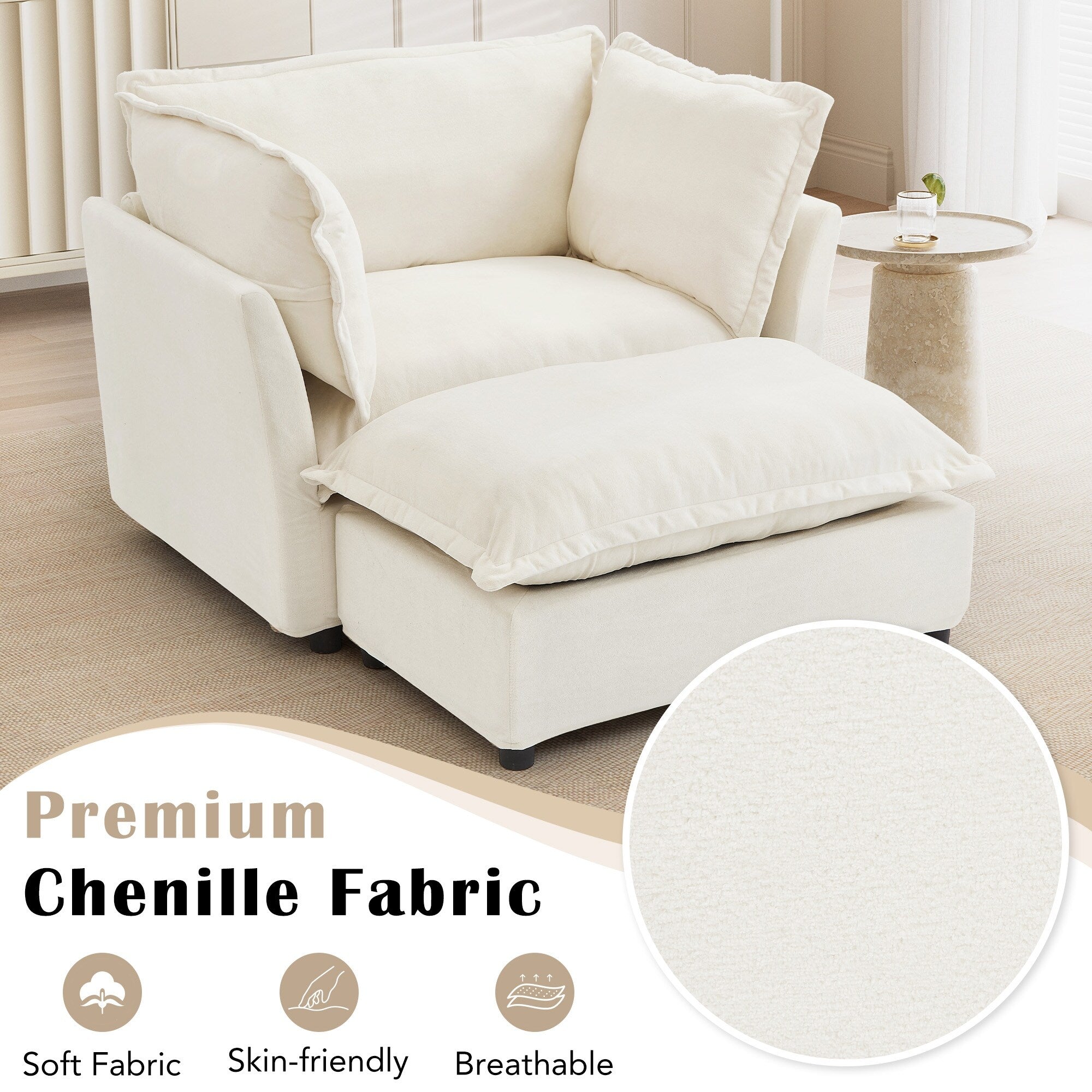 Fauteuil moderne avec pouf - Fauteuil de salon rembourré, assise large, accoudoirs incurvés et coussins moelleux pour le salon