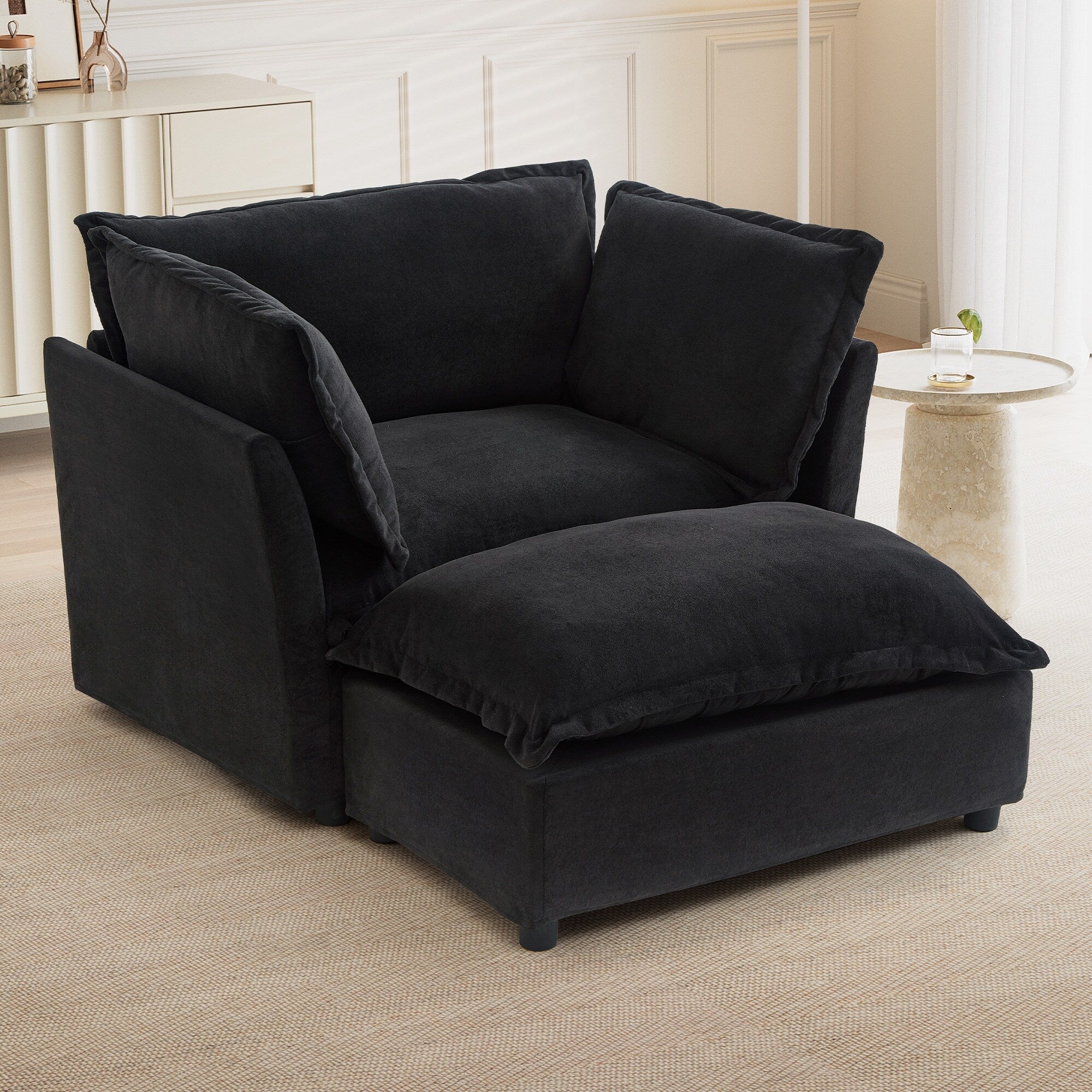 Fauteuil moderne avec pouf - Fauteuil de salon rembourré, assise large, accoudoirs incurvés et coussins moelleux pour le salon