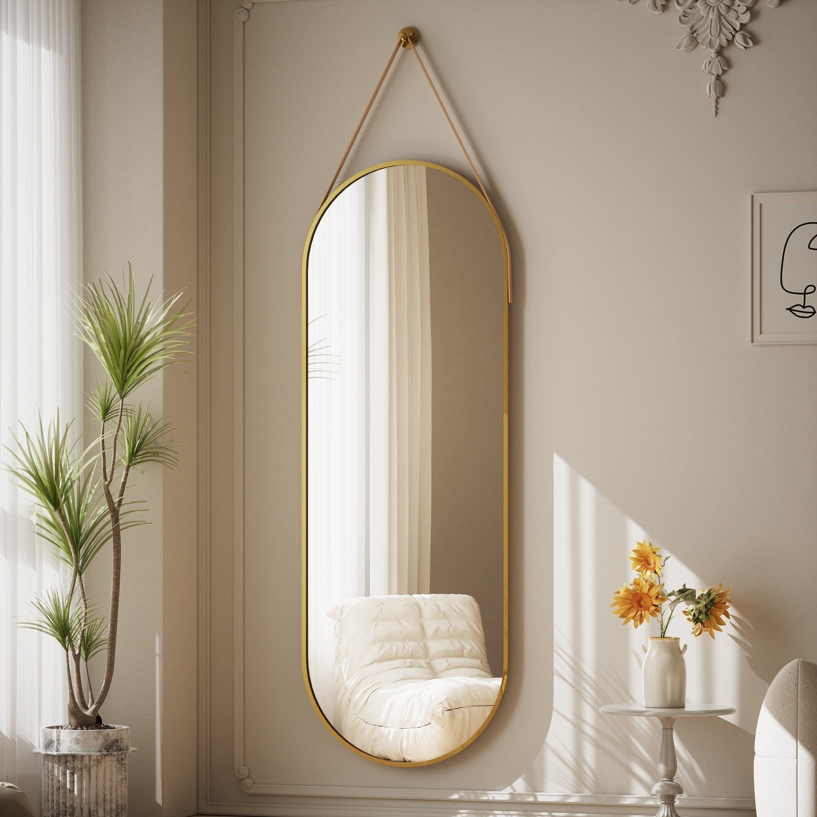 Miroir mural suspendu pleine longueur 48 x 16 avec sangle en cuir