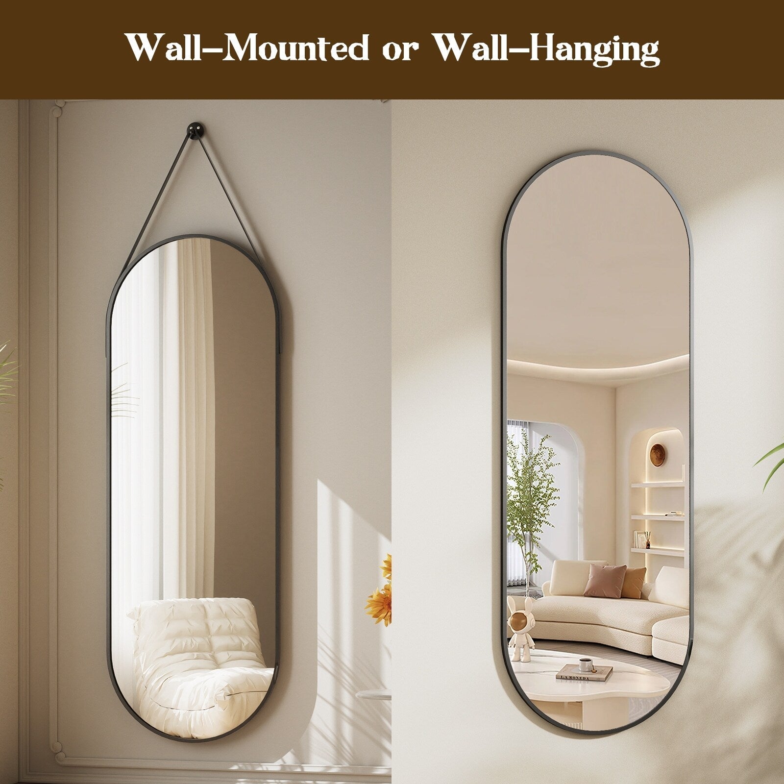 Miroir mural suspendu pleine longueur 48 x 16 avec sangle en cuir