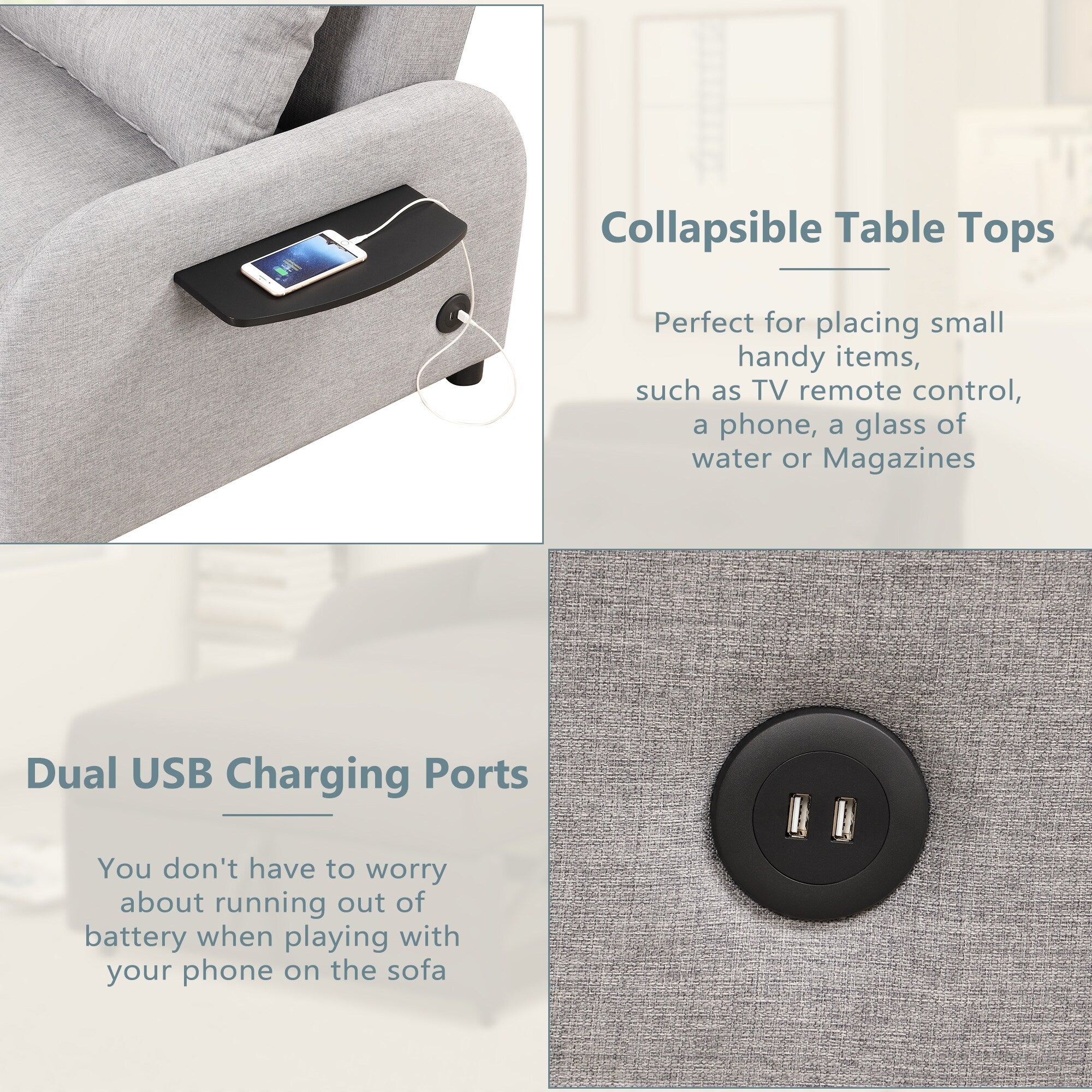 Canapé-lit 3 en 1 48,82 places avec table à 2 oreilles et chargeur USB