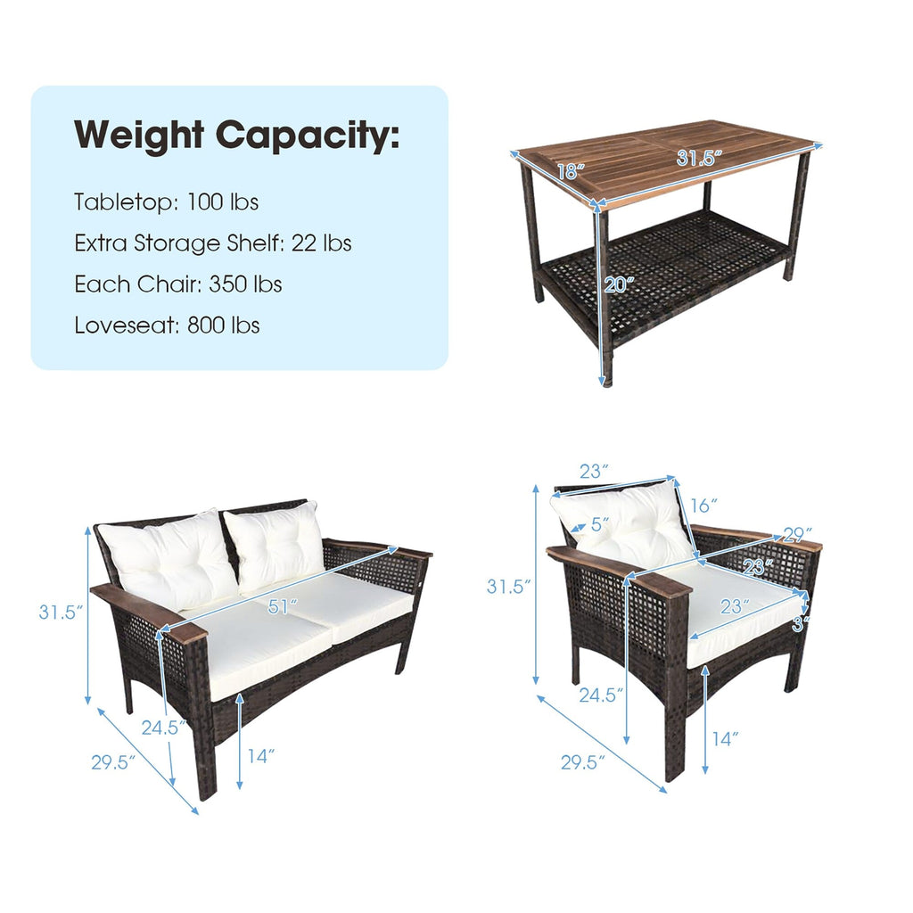 Ensemble de meubles de patio en rotin et bois d'acacia, 4 pièces, coussin, canapé, accoudoir, terrasse