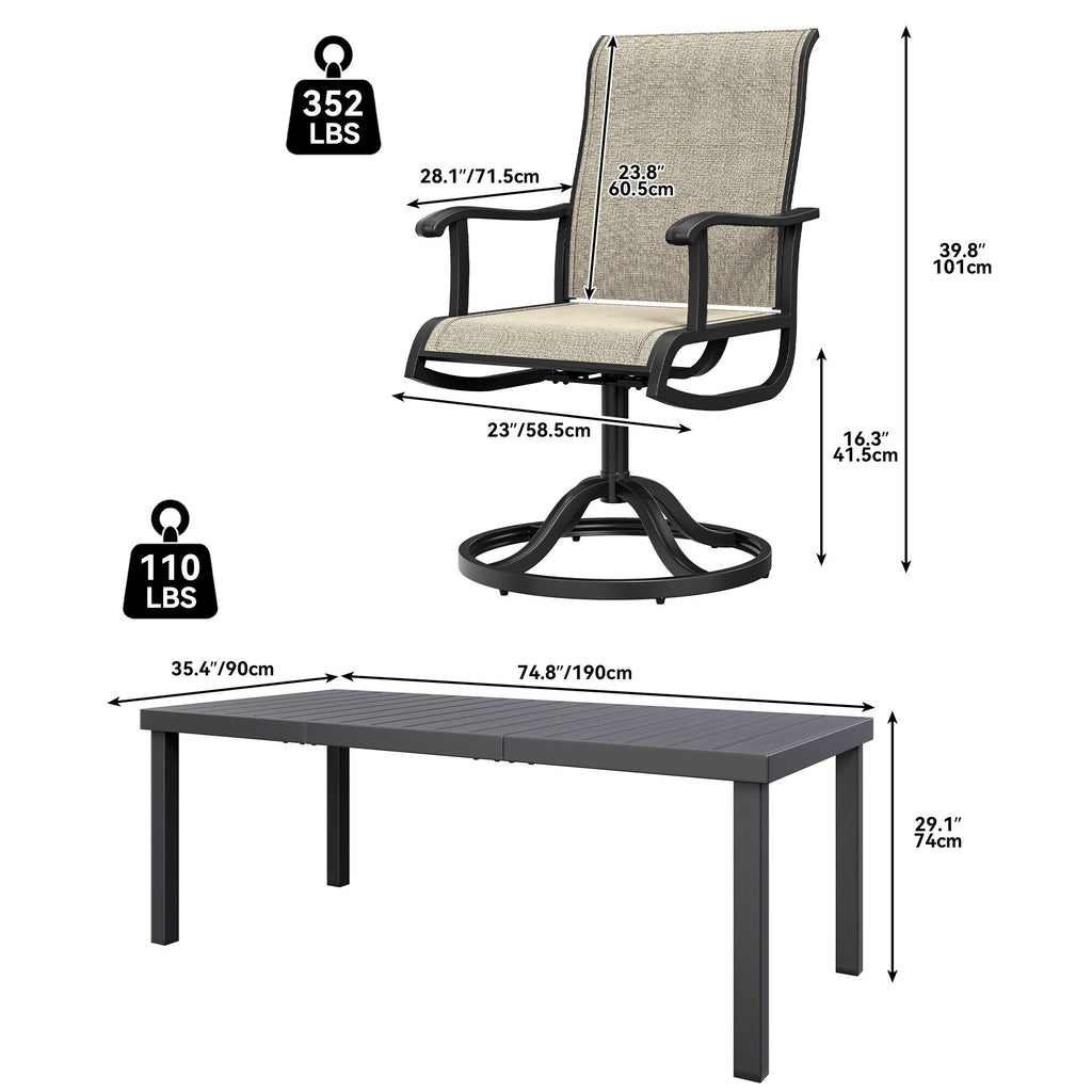 Ensembles de salle à manger d'extérieur 5/7/9 pièces avec chaises pivotantes en textilène 28 W et table