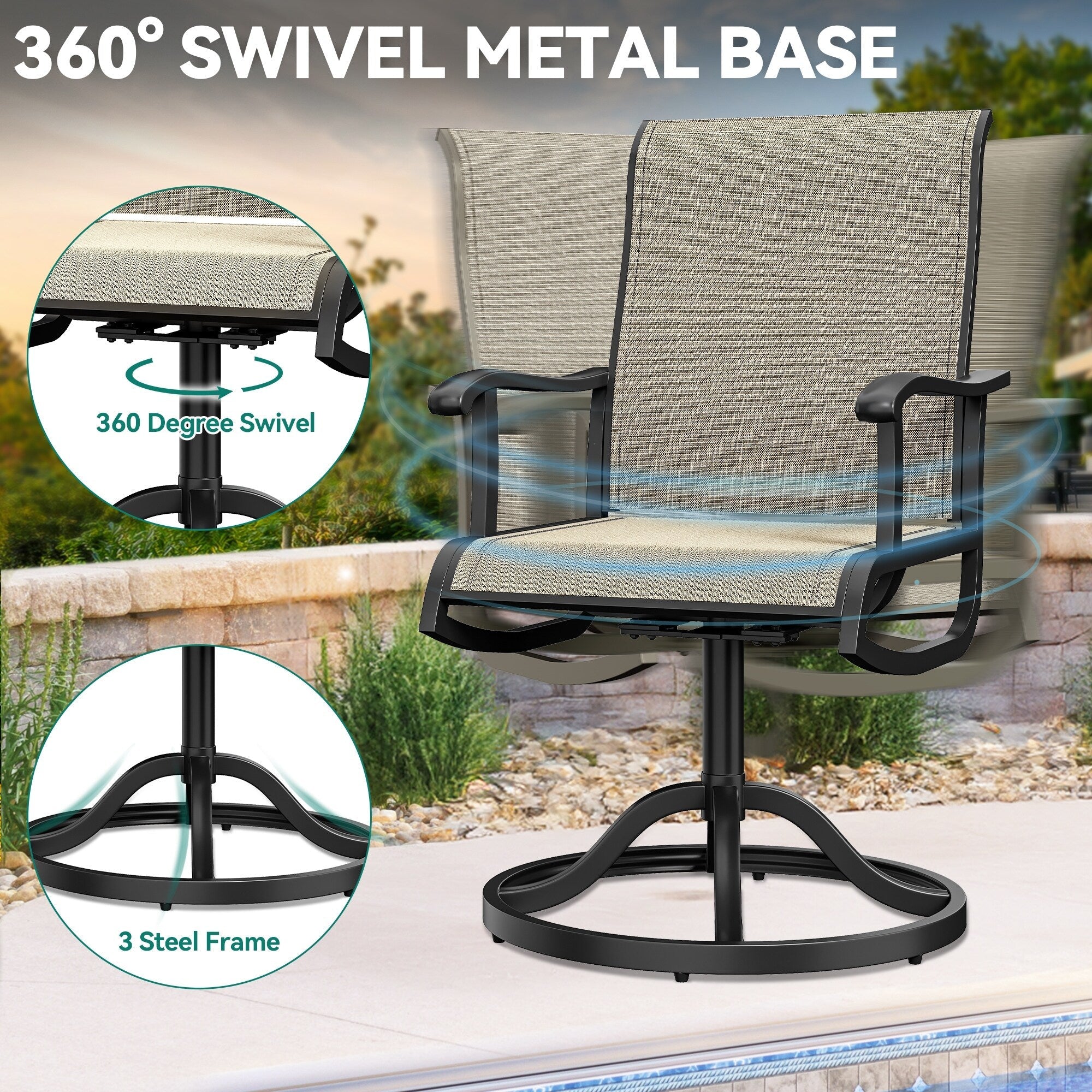 Ensembles de salle à manger d'extérieur 5/7/9 pièces avec chaises pivotantes en textilène 28 W et table