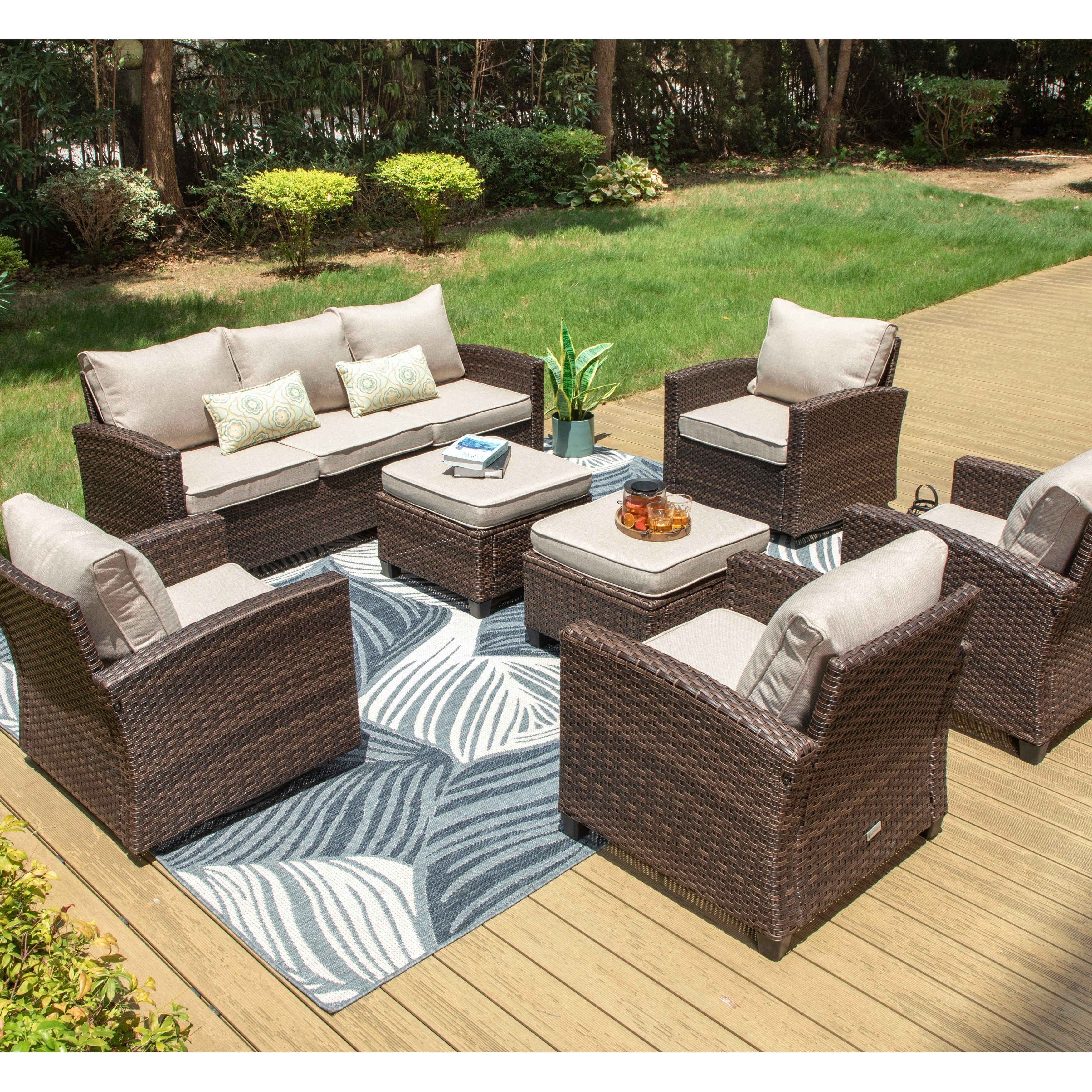 Ensemble de salon de jardin 5/9 places en rotin et osier, canapé sectionnel à assise profonde, grand canapé de conversation