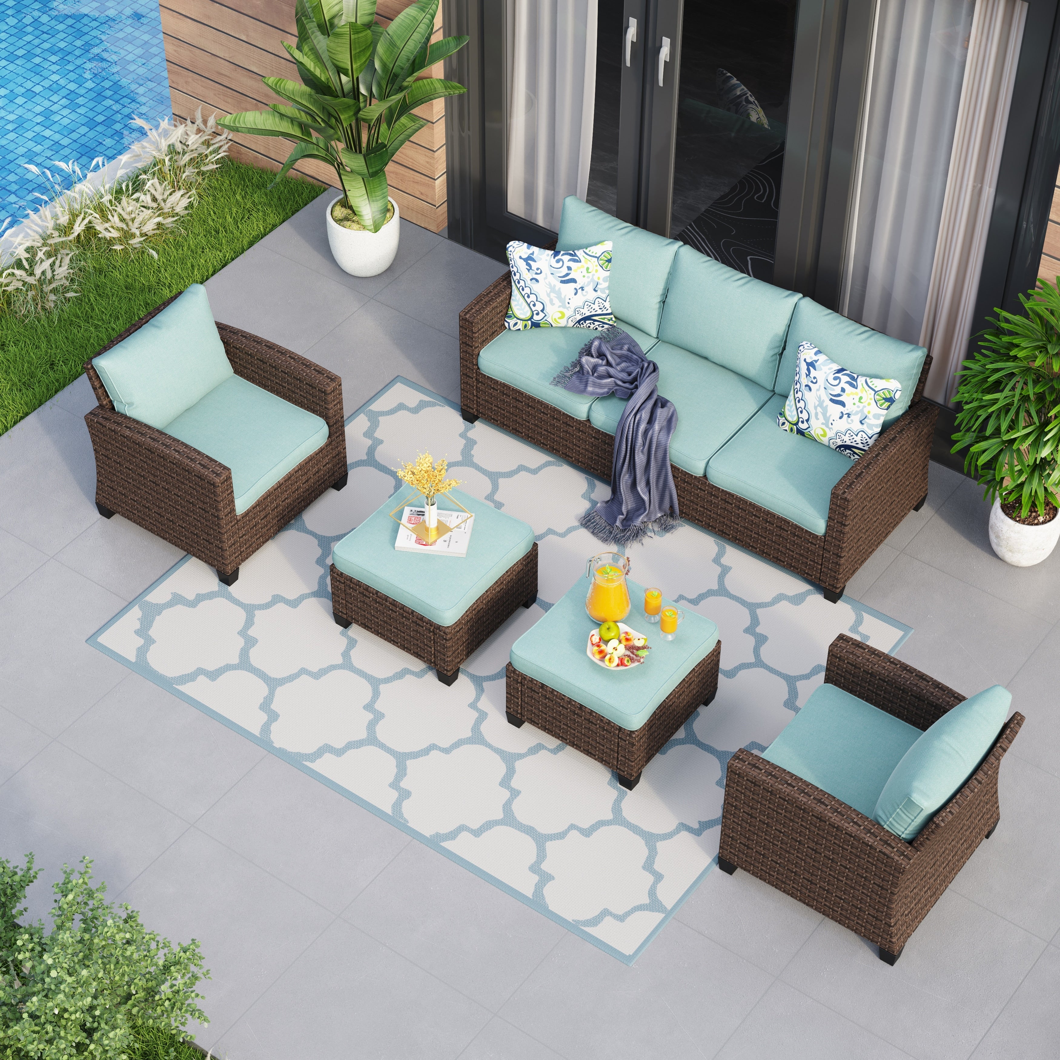 Ensemble de salon de jardin 5/9 places en rotin et osier, canapé sectionnel à assise profonde, grand canapé de conversation