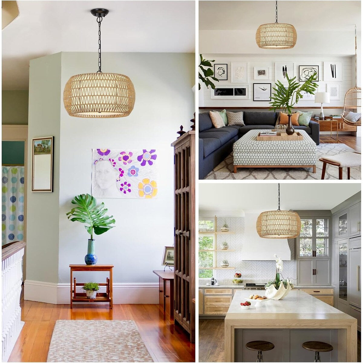 Lustre de ferme en rotin à 5 lumières