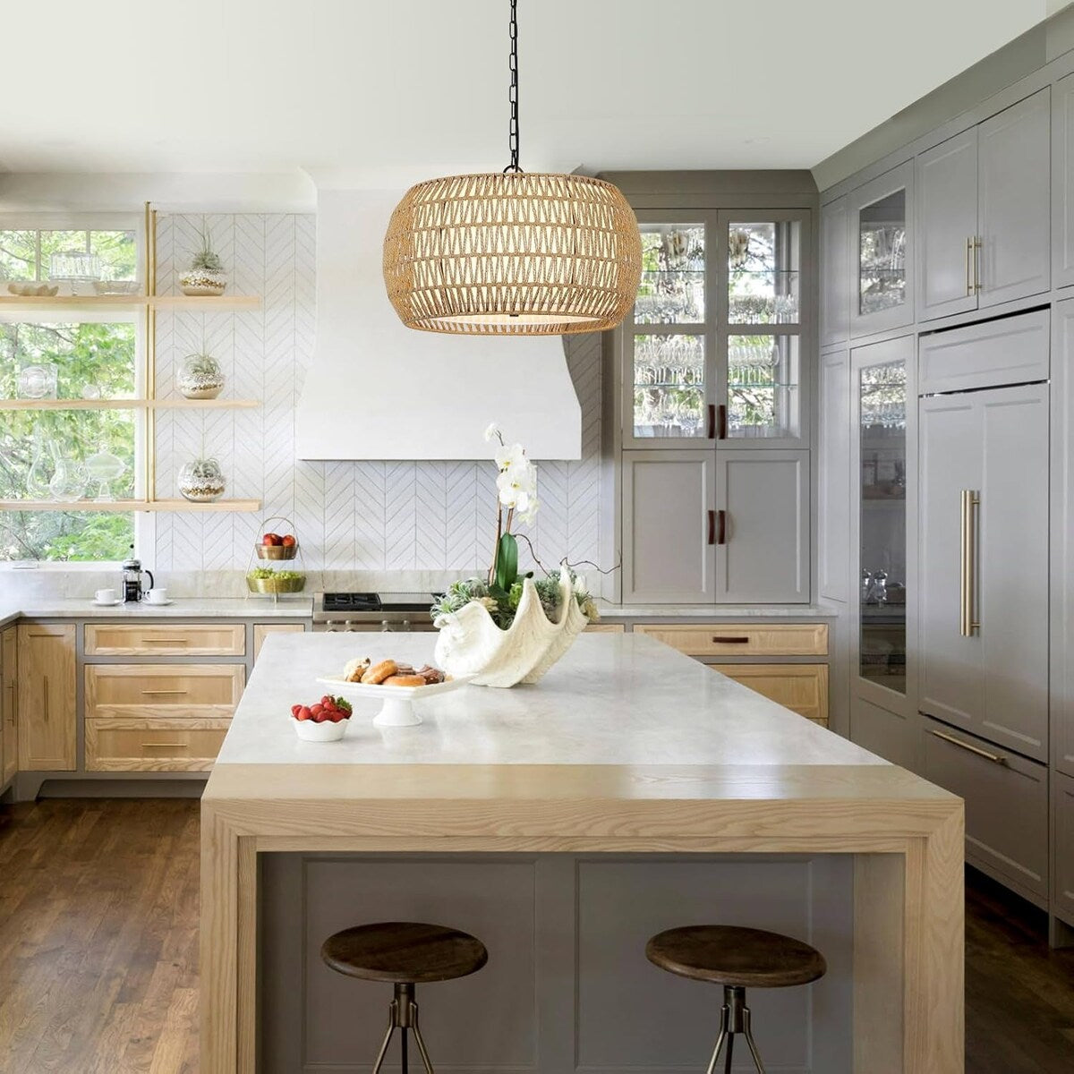 Lustre de ferme en rotin à 5 lumières