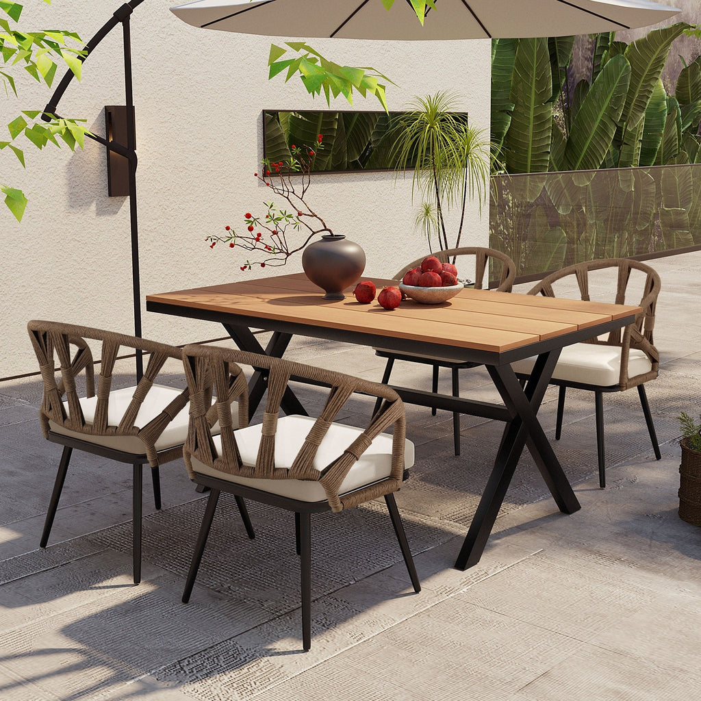 Ensemble de 5 tables et chaises de salle à manger d'extérieur, meubles de patio avec chaises en rotin synthétique et table rectangulaire en bois