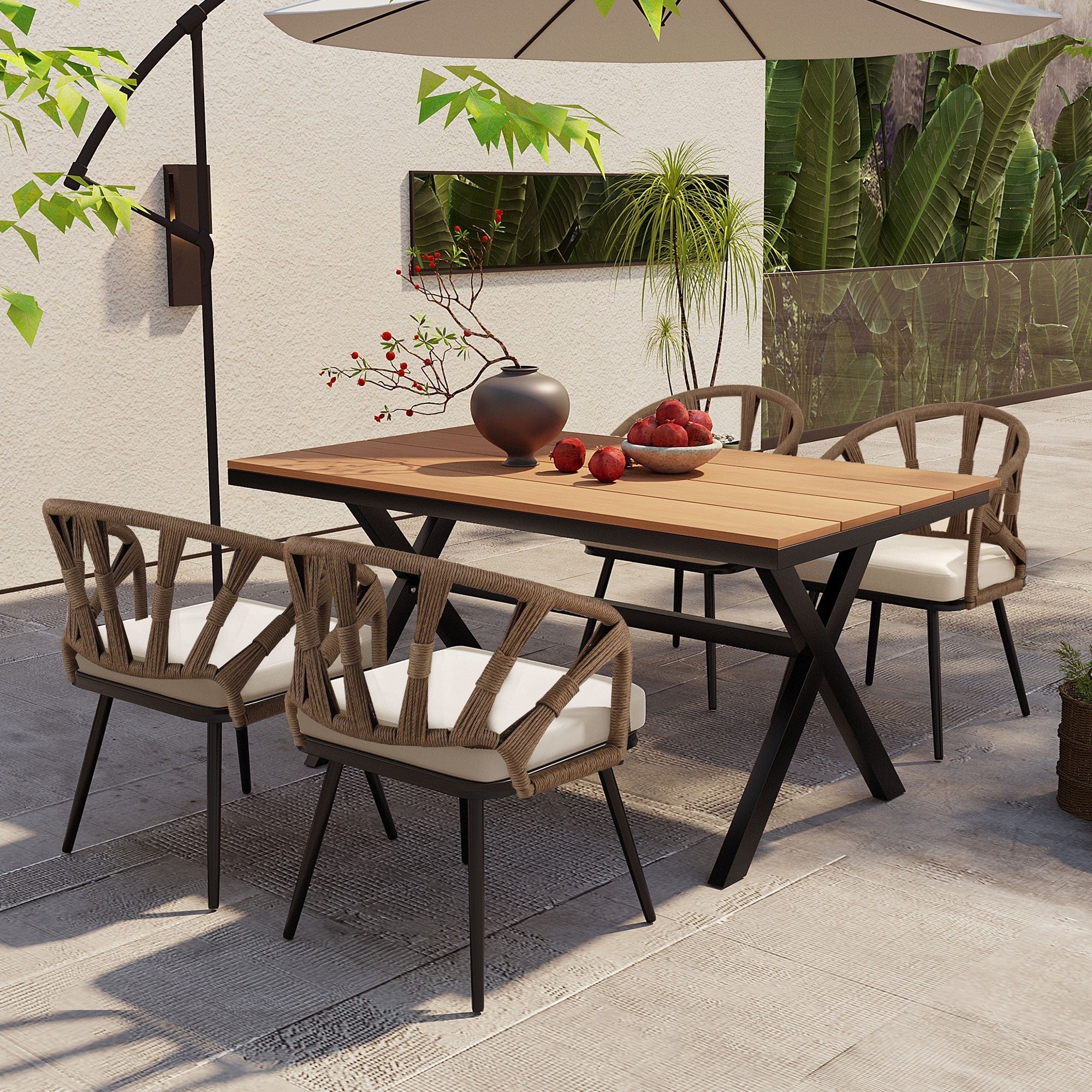 Ensemble de 5 tables et chaises de salle à manger d'extérieur, meubles de patio avec chaises en rotin synthétique et table rectangulaire en bois