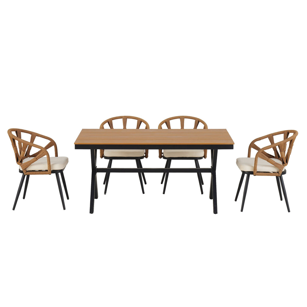 Ensemble de 5 tables et chaises de salle à manger d'extérieur, meubles de patio avec chaises en rotin synthétique et table rectangulaire en bois