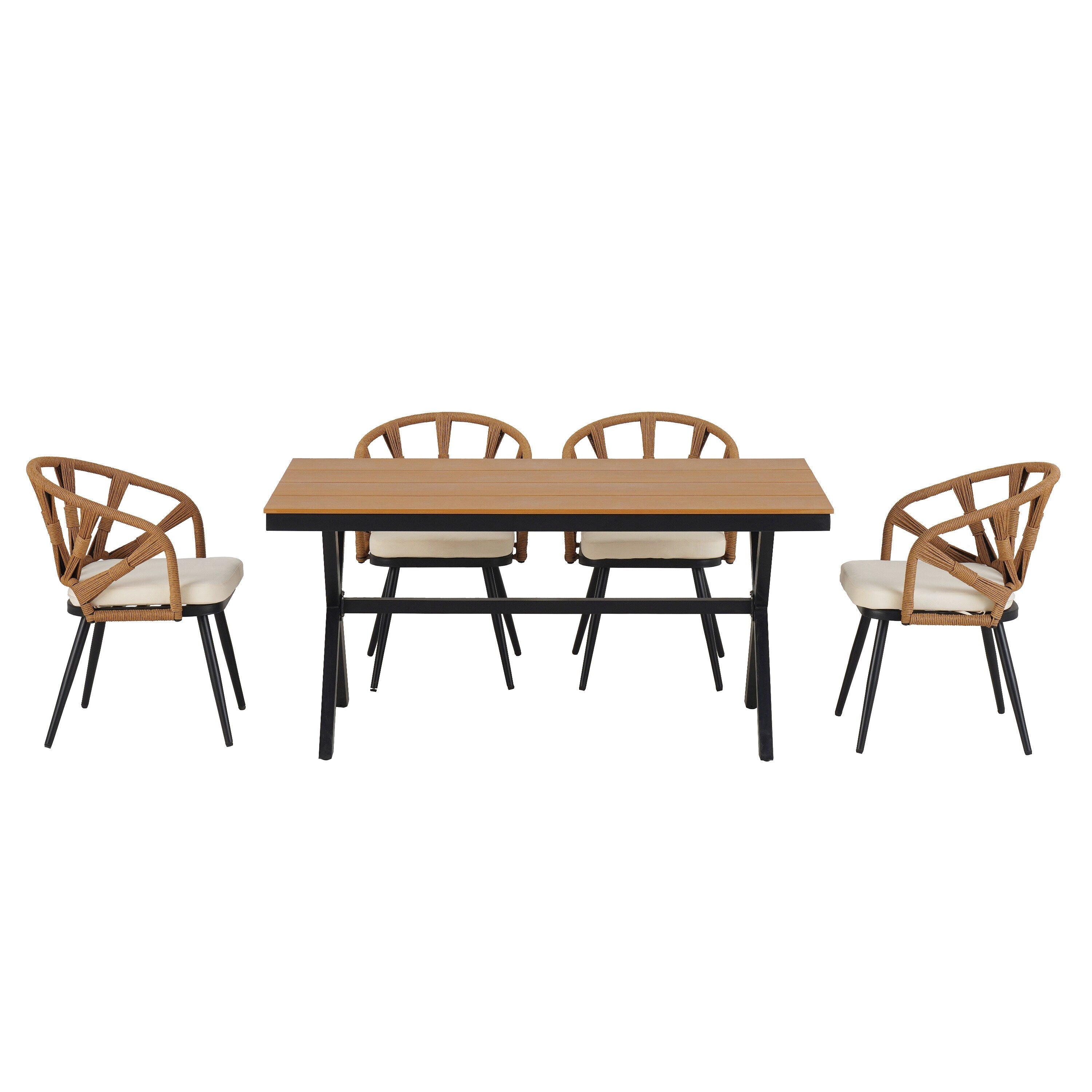 Ensemble de 5 tables et chaises de salle à manger d'extérieur, meubles de patio avec chaises en rotin synthétique et table rectangulaire en bois